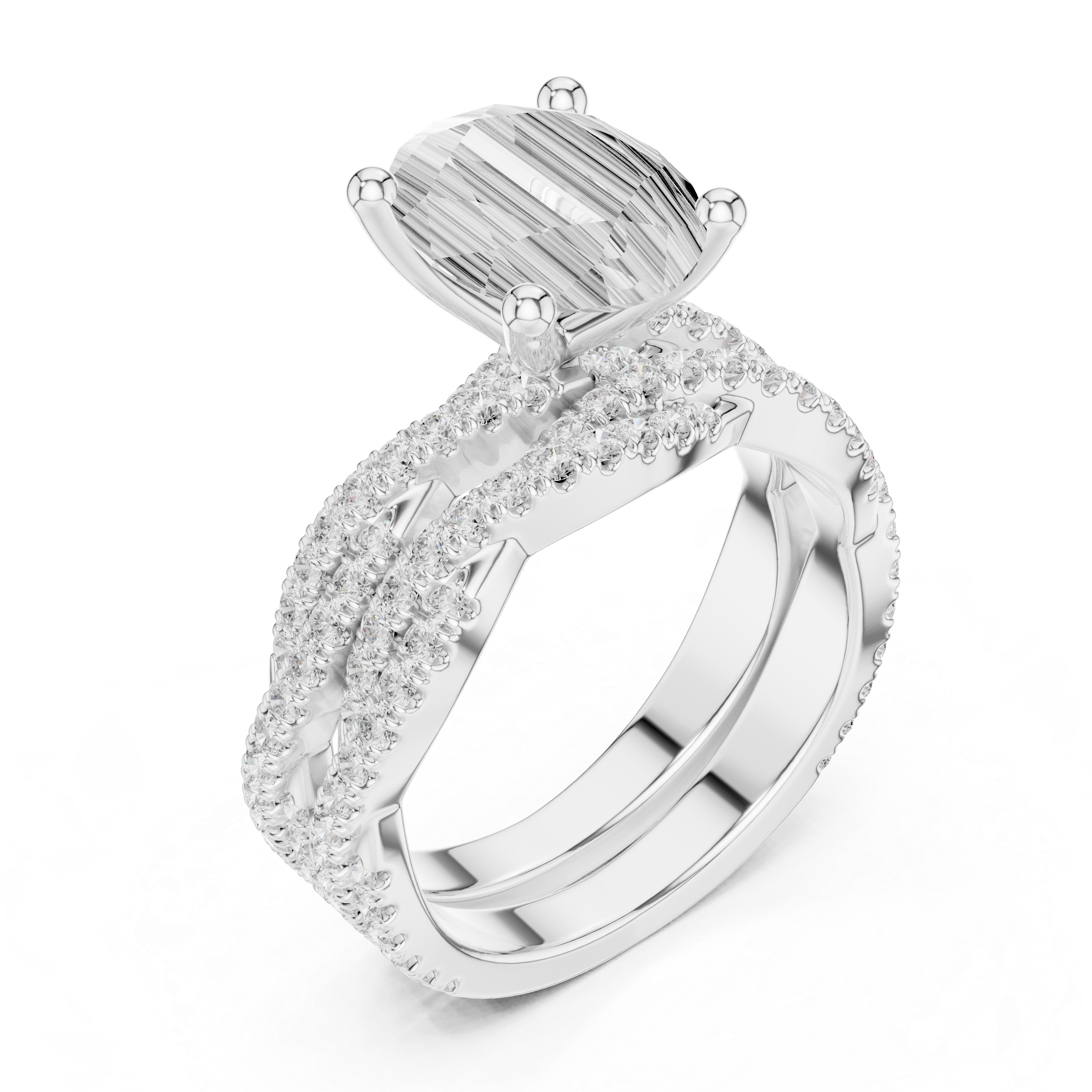 Oval Cut Triple Row Pavé Split Shank Engagement Ring