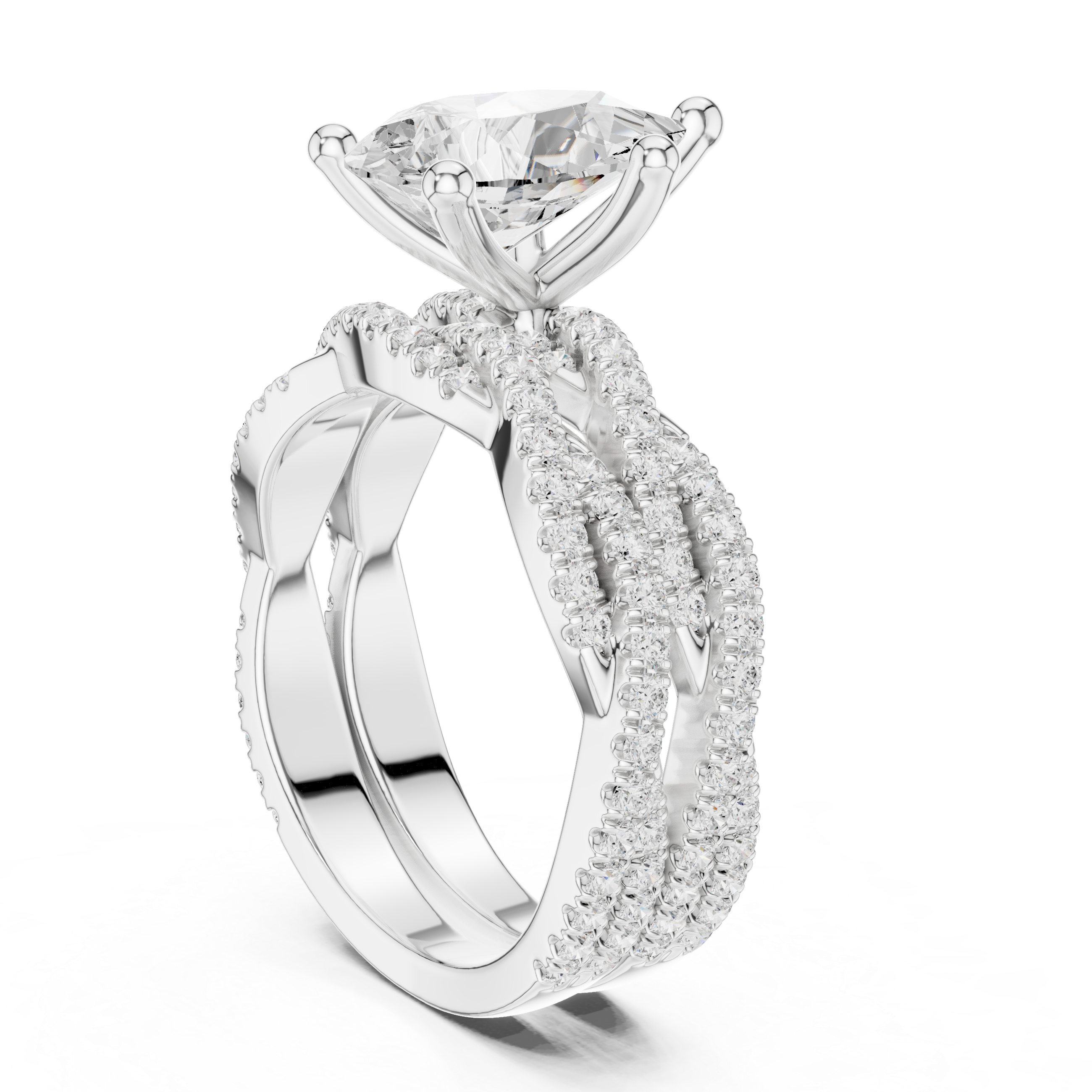 Pear Cut Triple Row Pavé Split Shank Engagement Ring