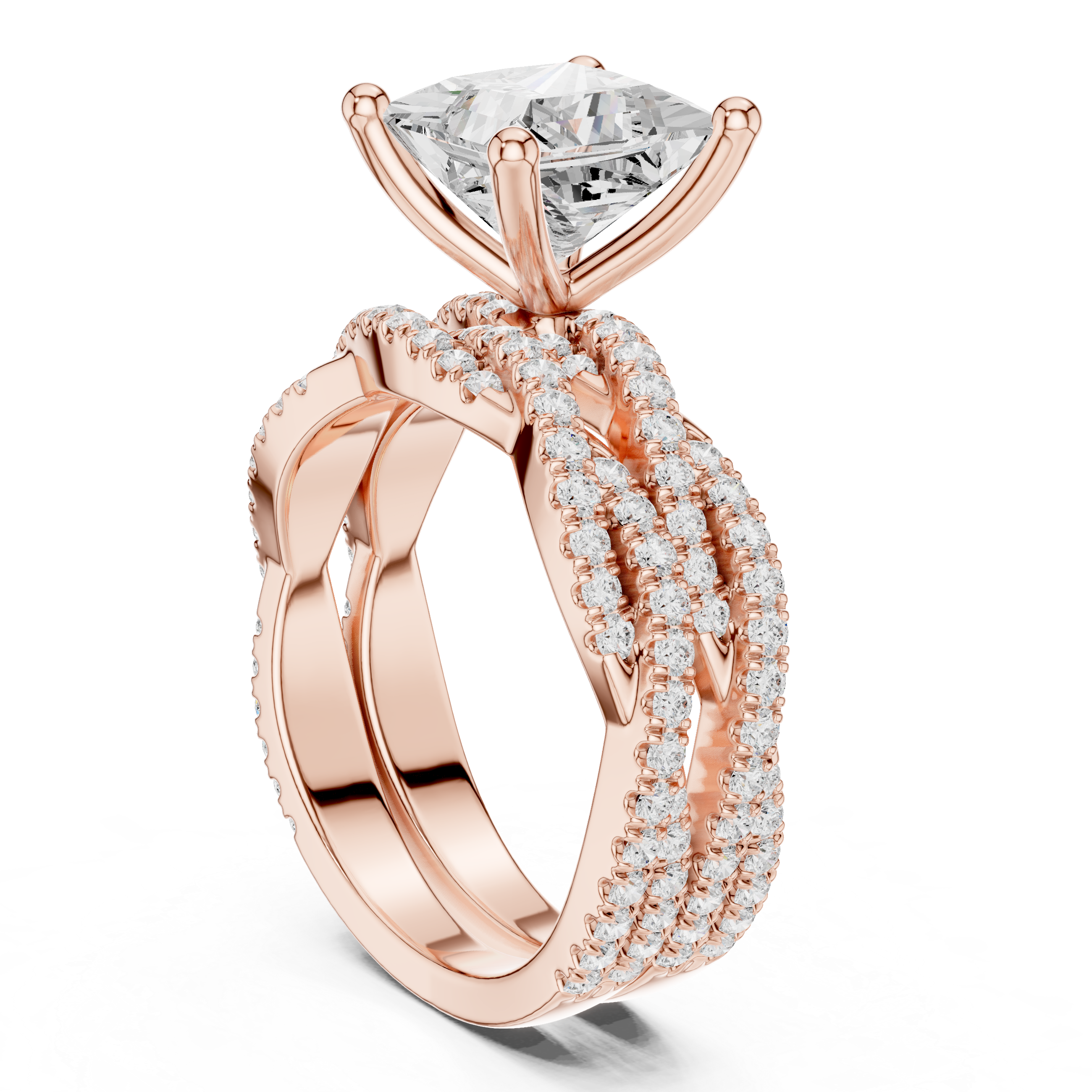 Princess Cut Triple Row Pavé Split Shank Engagement Ring