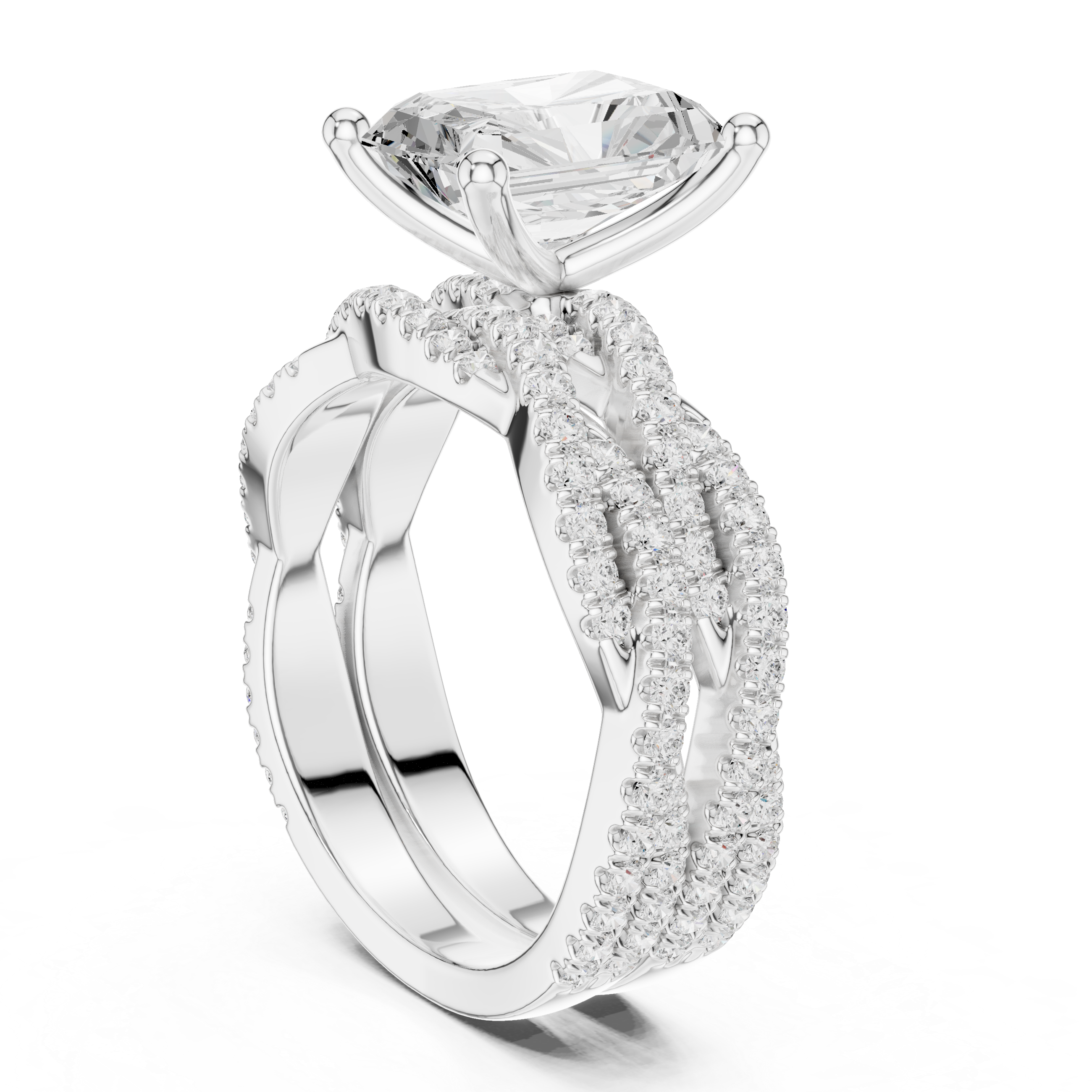 Radiant Cut Triple Row Pavé Split Shank Engagement Ring