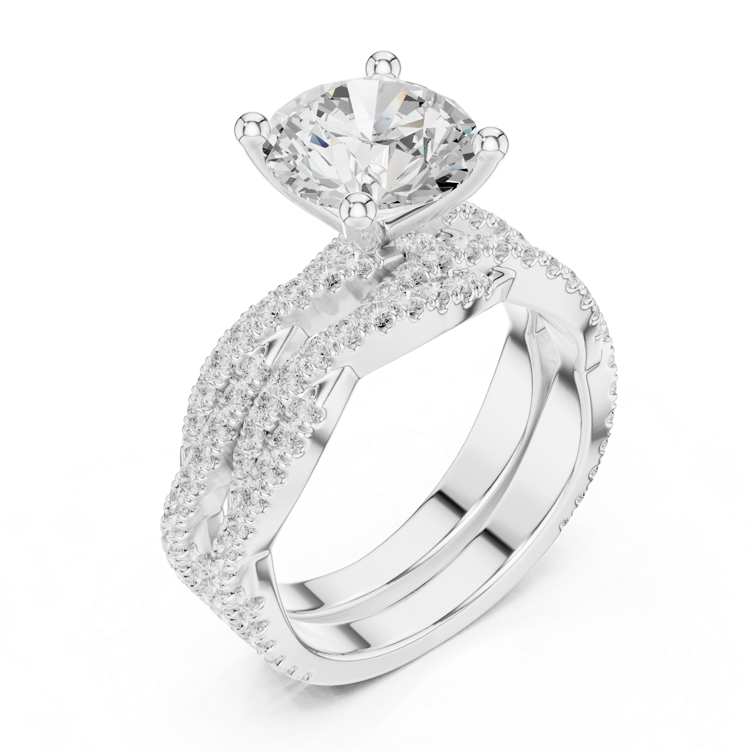 Round Cut Triple Row Pavé Split Shank Engagement Ring