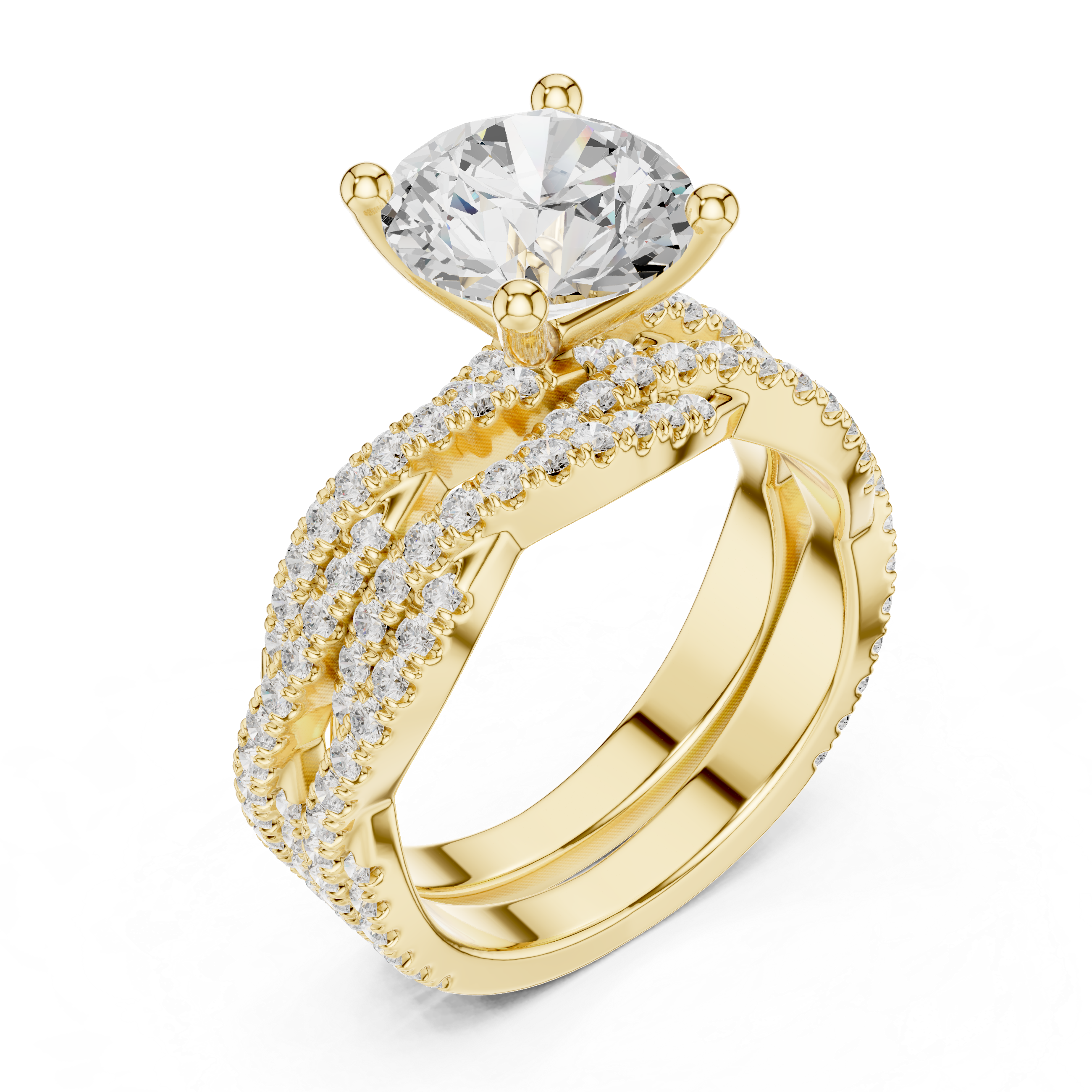 Round Cut Triple Row Pavé Split Shank Engagement Ring