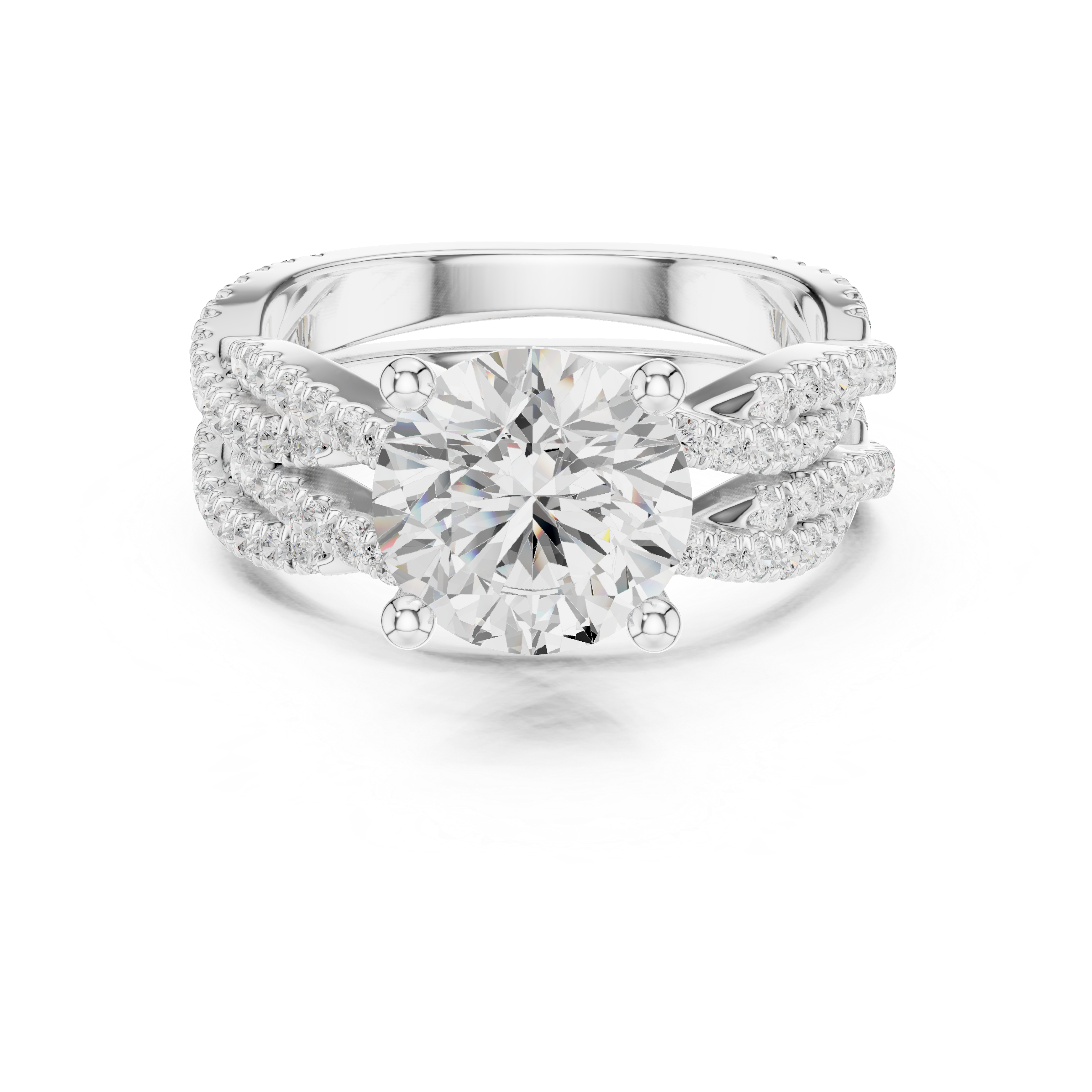 Round Cut Split Shank Diamond Engagement Ring with Triple Pavé Band