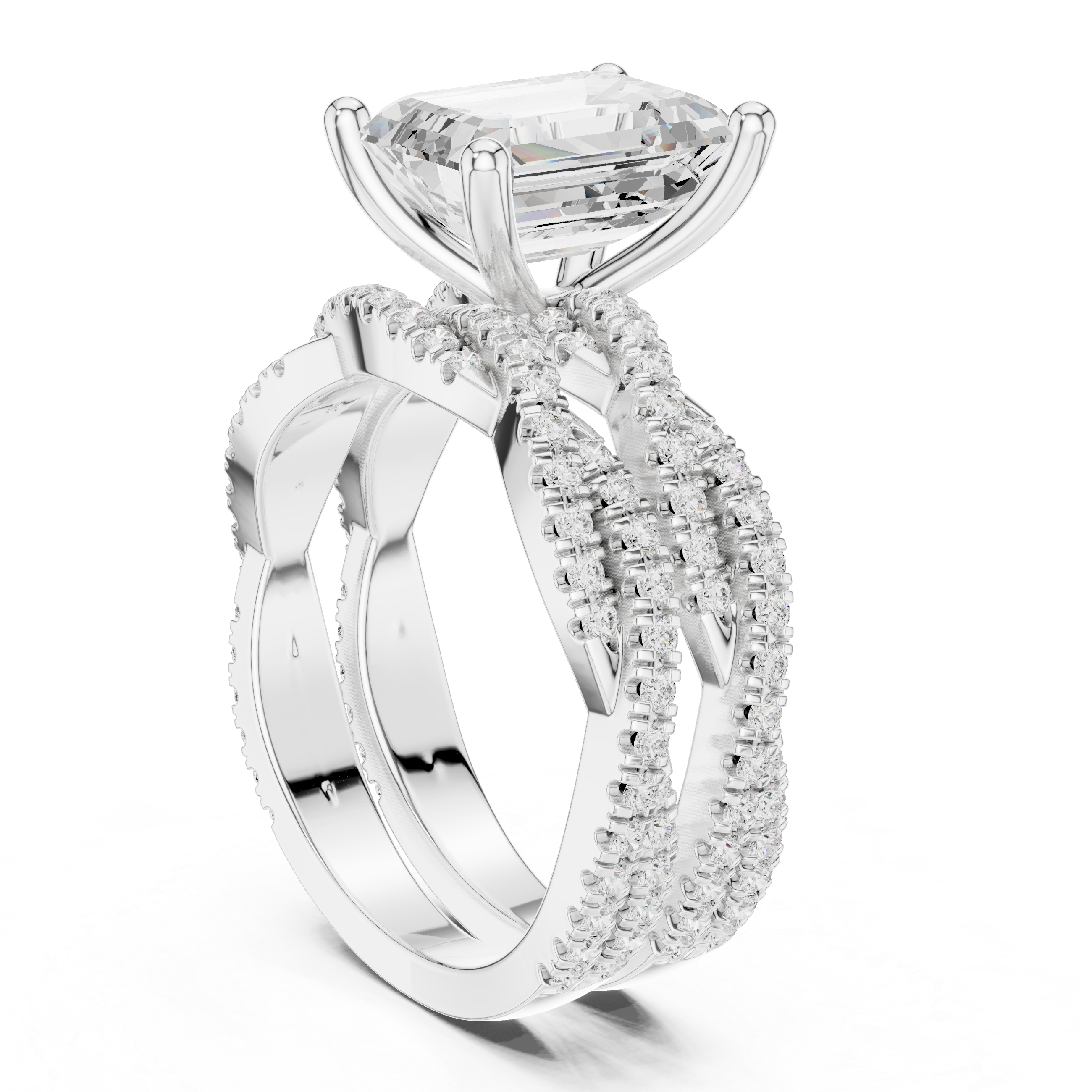 2.5 Carat Emerald-Cut Diamond Twisted Pavé Three-Piece Bridal Ring Set