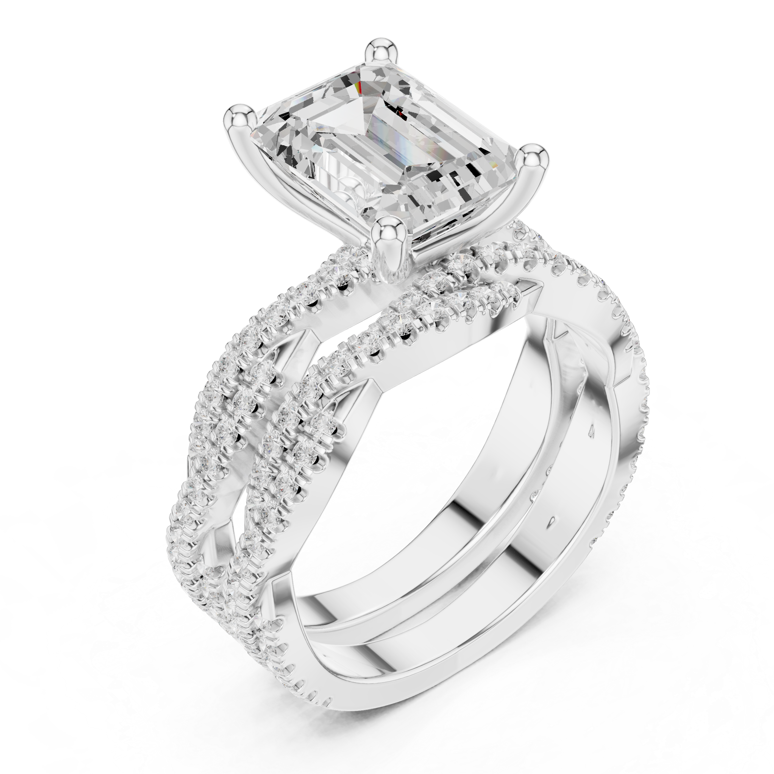 2.5 Carat Emerald-Cut Diamond Twisted Pavé Three-Piece Bridal Ring Set