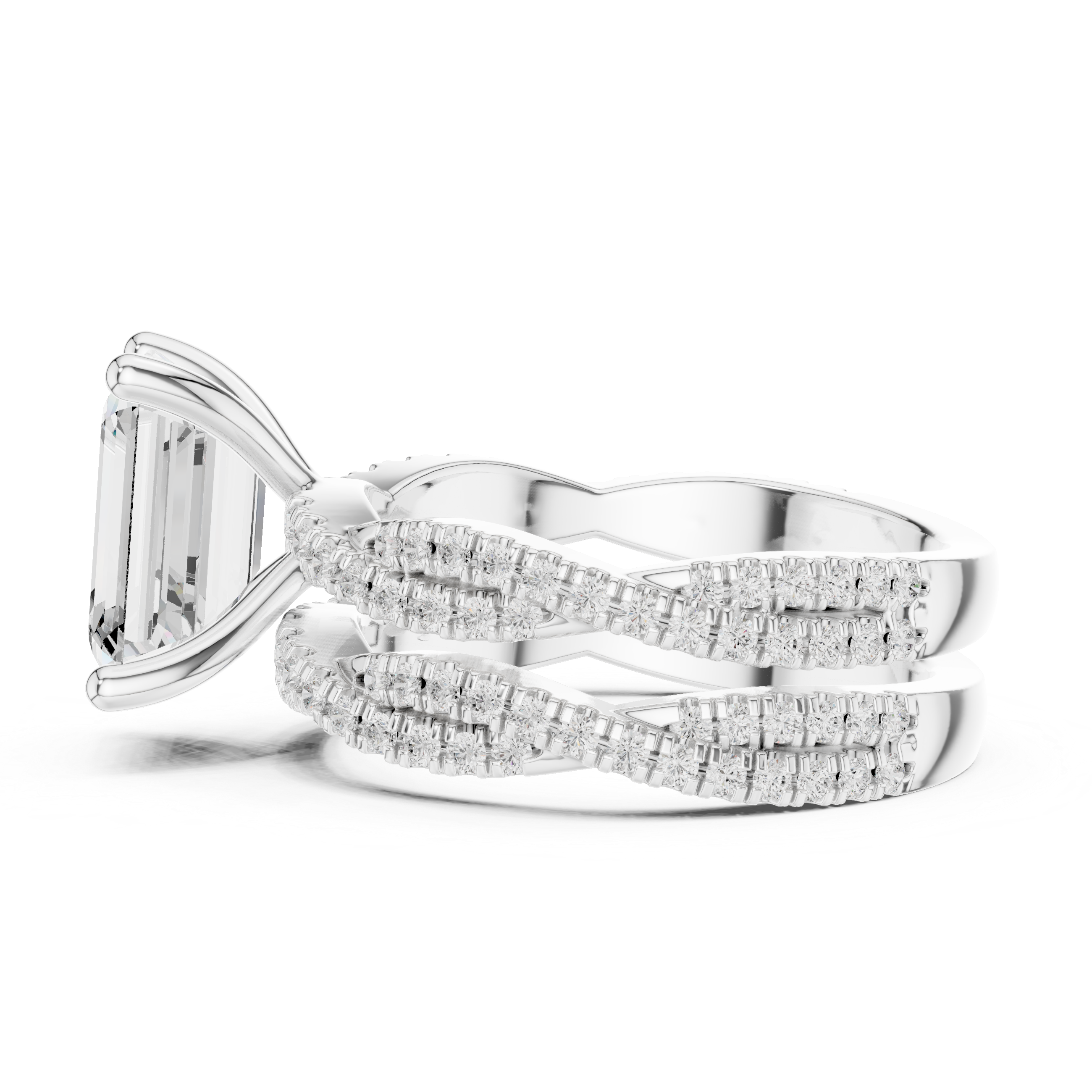 2.5 Carat Emerald-Cut Diamond Twisted Pavé Three-Piece Bridal Ring Set