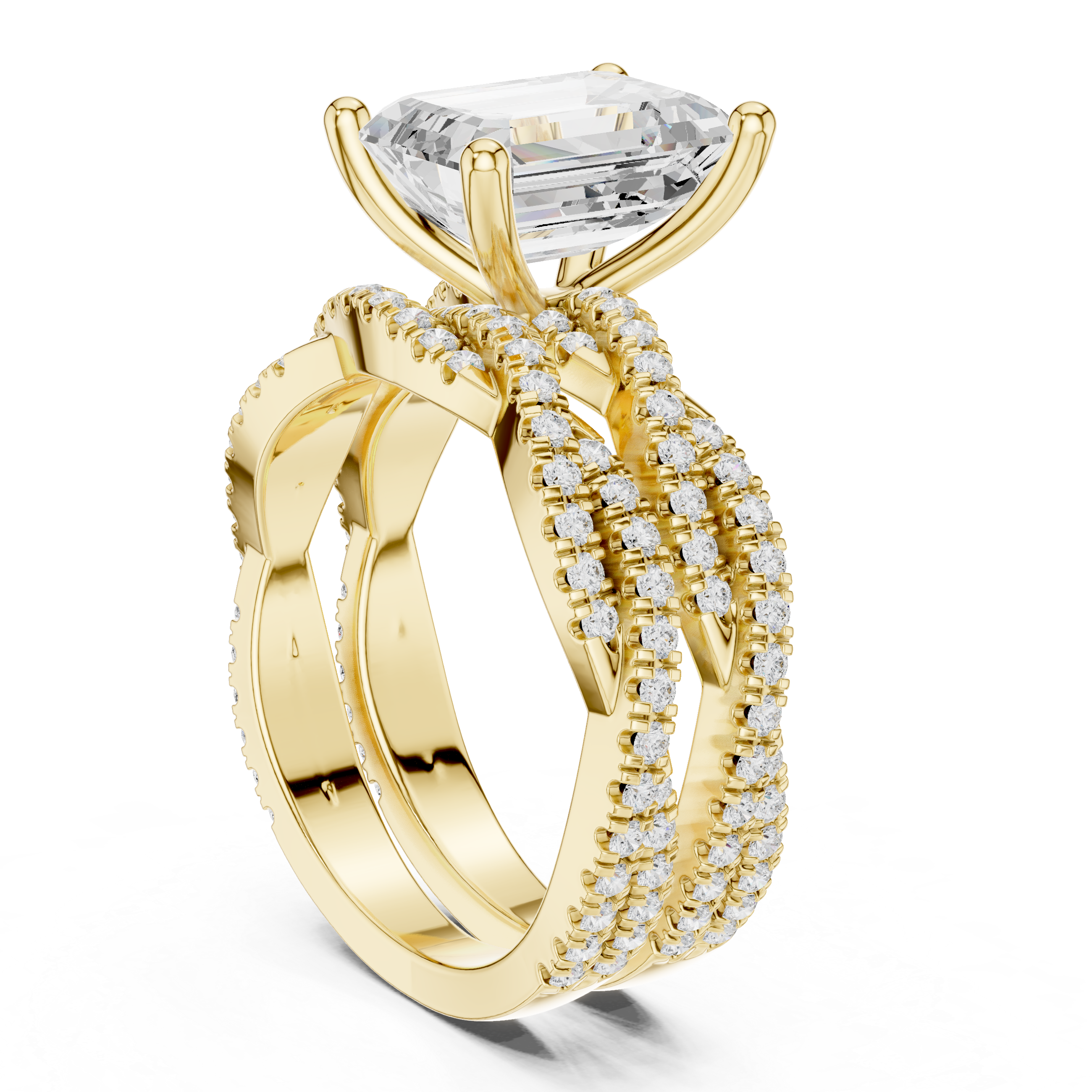 2.5 Carat Emerald-Cut Diamond Twisted Pavé Three-Piece Bridal Ring Set