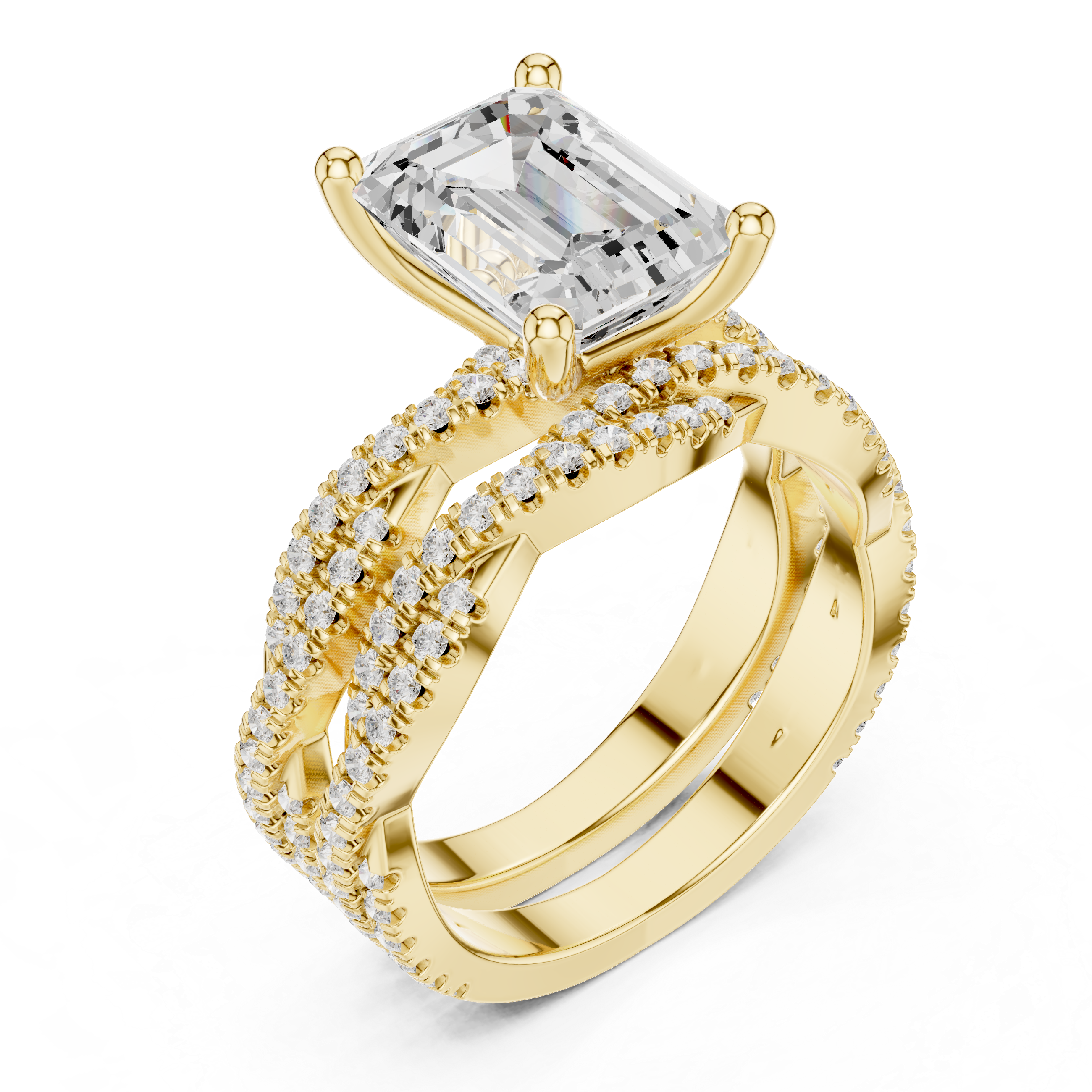 2.5 Carat Emerald-Cut Diamond Twisted Pavé Three-Piece Bridal Ring Set