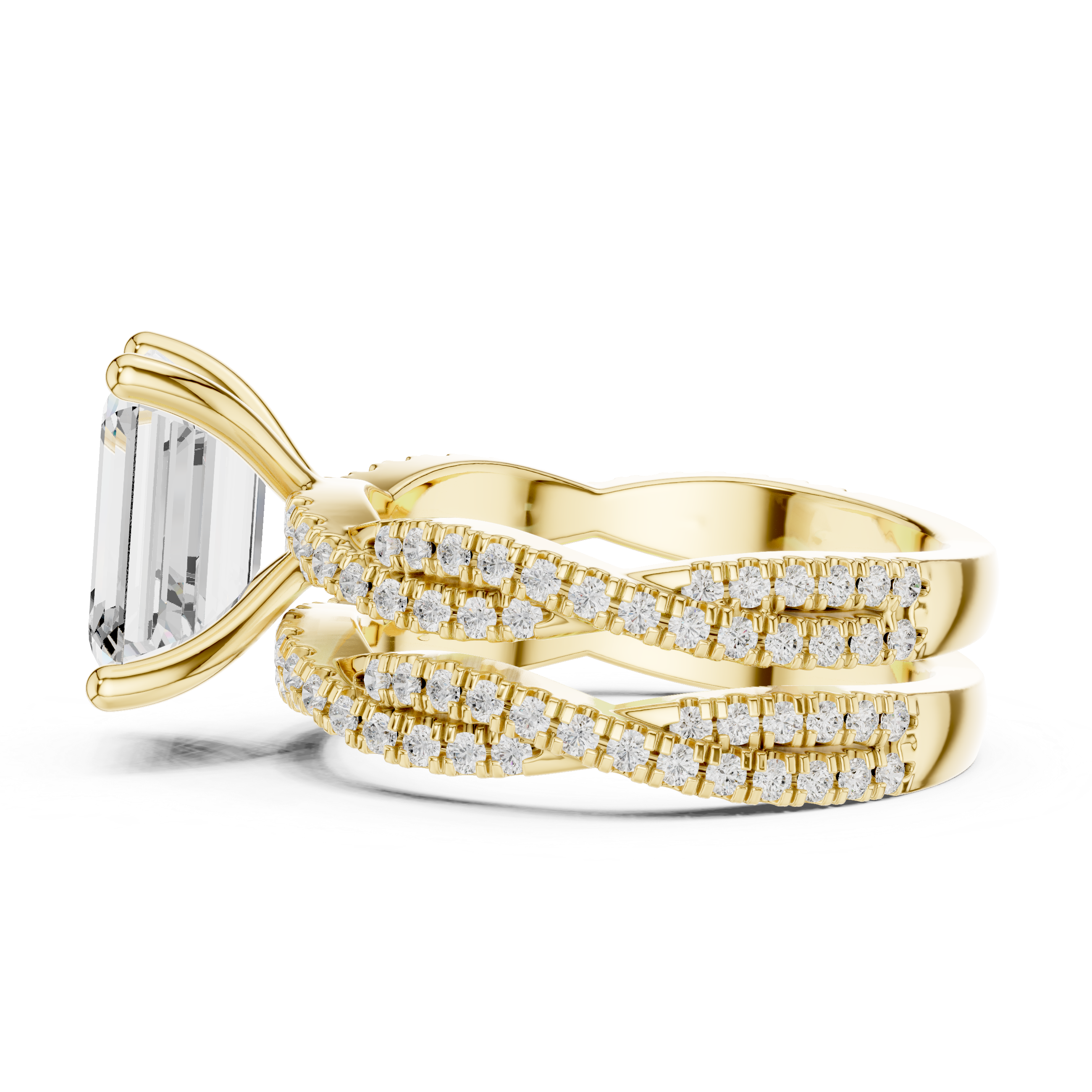 2.5 Carat Emerald-Cut Diamond Twisted Pavé Three-Piece Bridal Ring Set