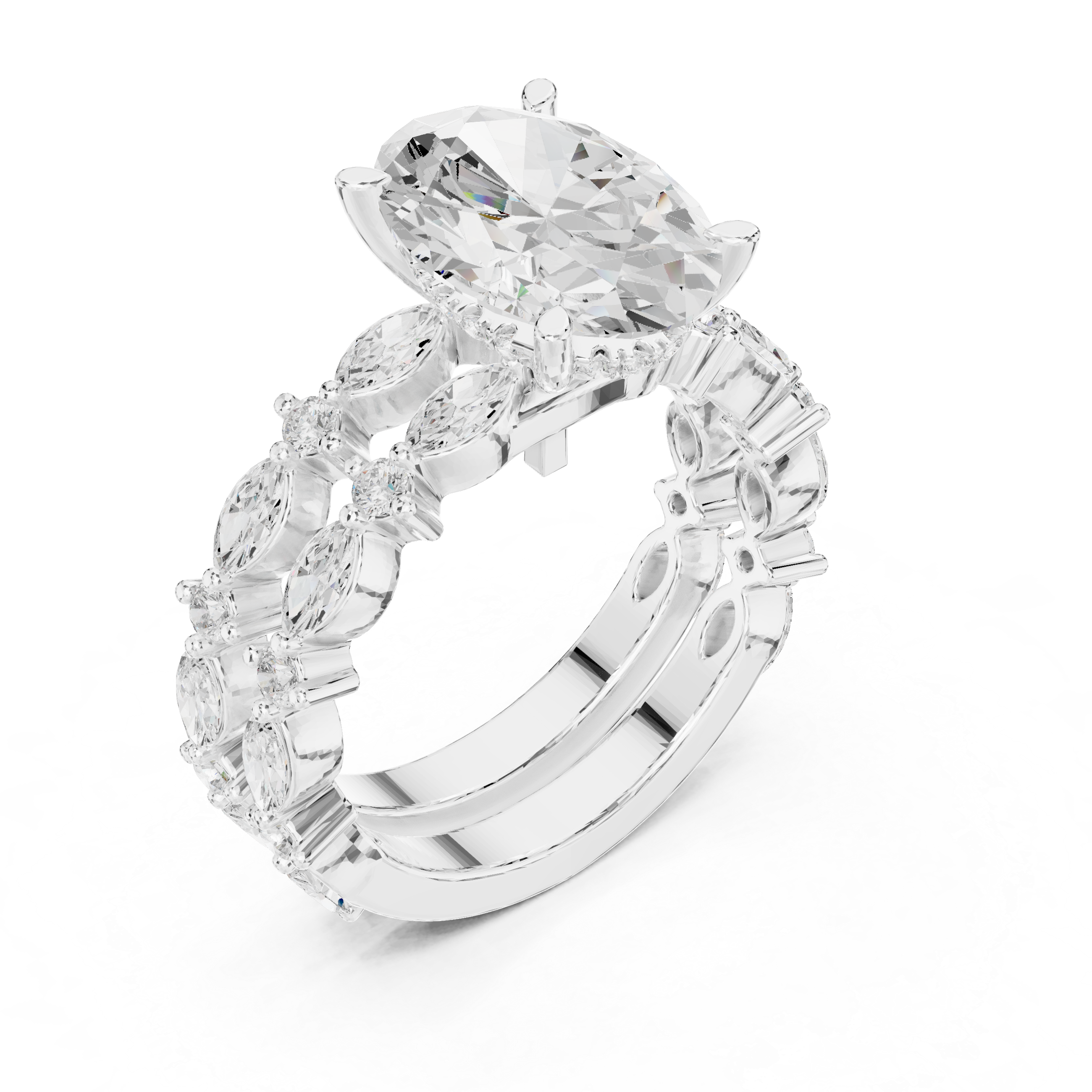3 Carat Oval-Cut Diamond Marquise Accent Three-Piece Bridal Ring Set