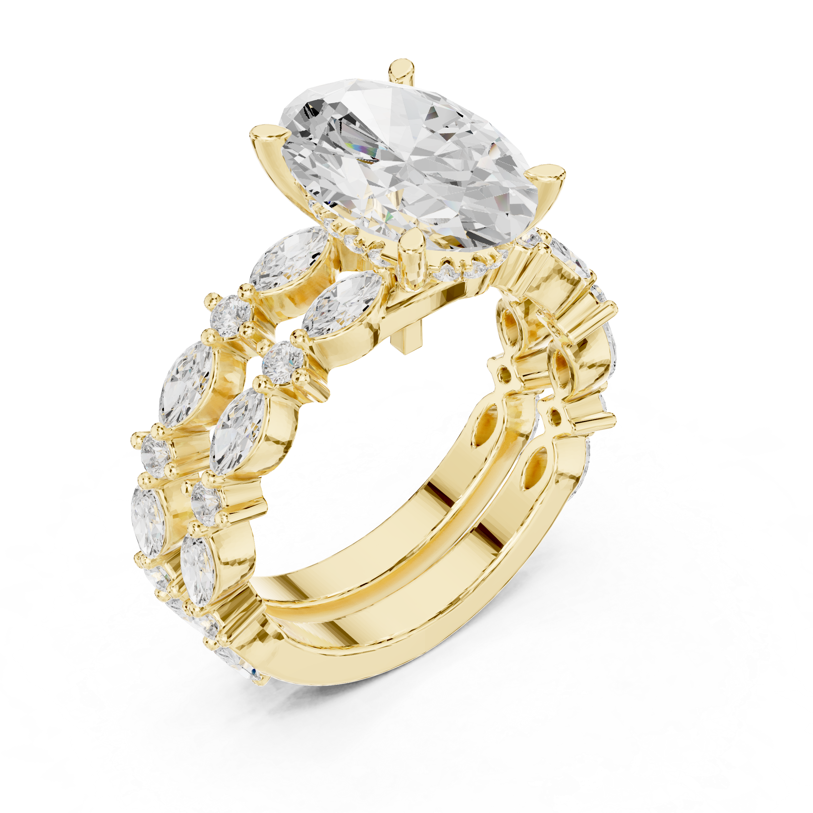 3 Carat Oval-Cut Diamond Marquise Accent Three-Piece Bridal Ring Set
