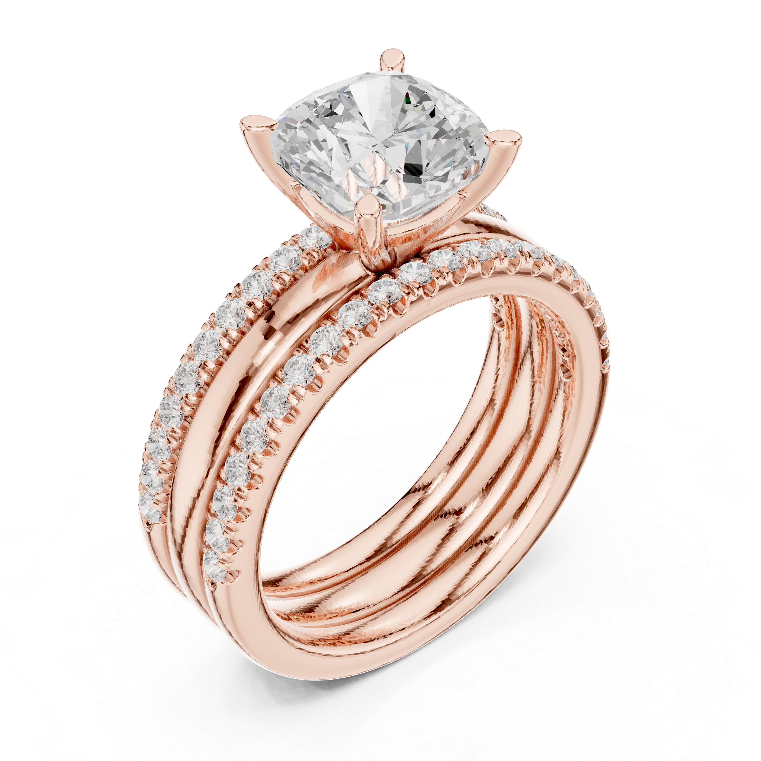 3 Carat Cushion-Cut Diamond Three-Piece Bridal Ring Set