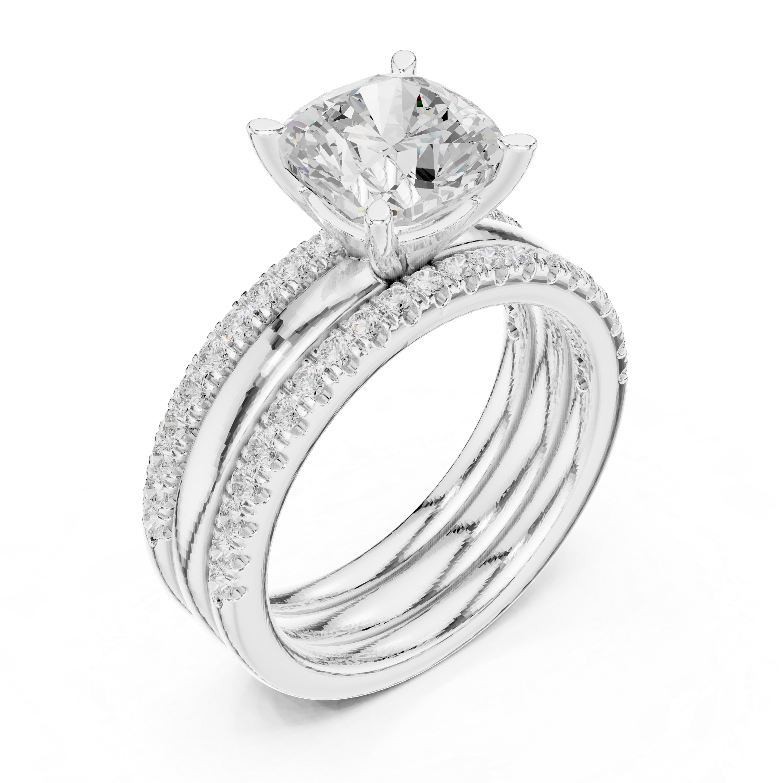 3 Carat Cushion-Cut Diamond Three-Piece Bridal Ring Set
