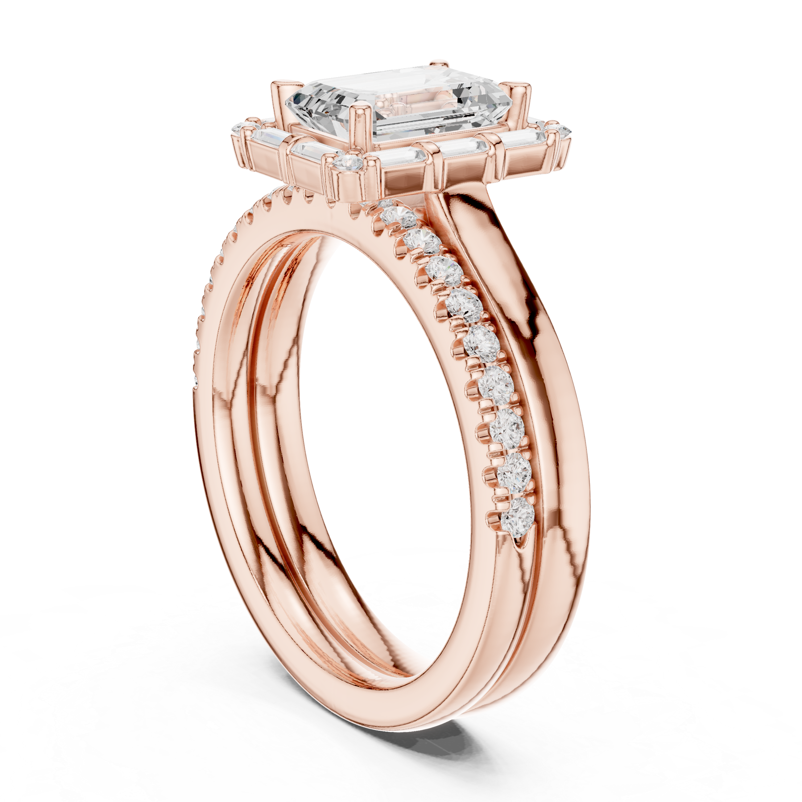 Emerald-Cut Diamond Baguette Halo Bridal Ring Set