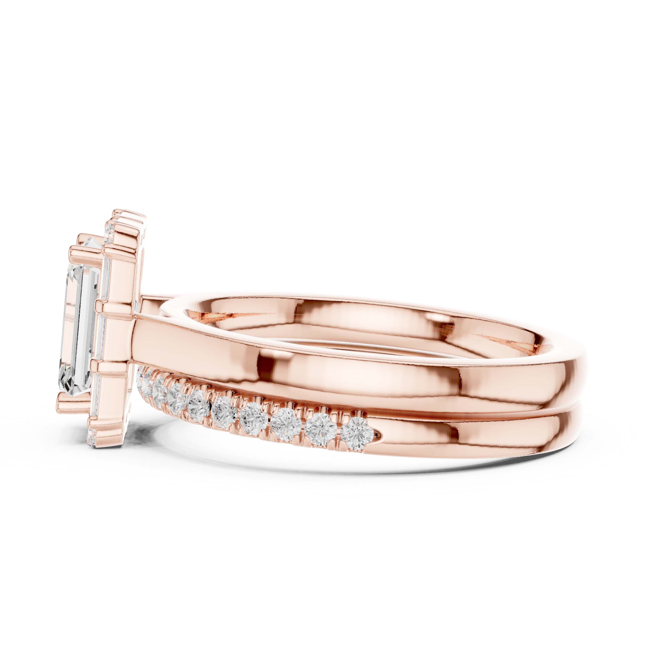 Emerald-Cut Diamond Baguette Halo Bridal Ring Set