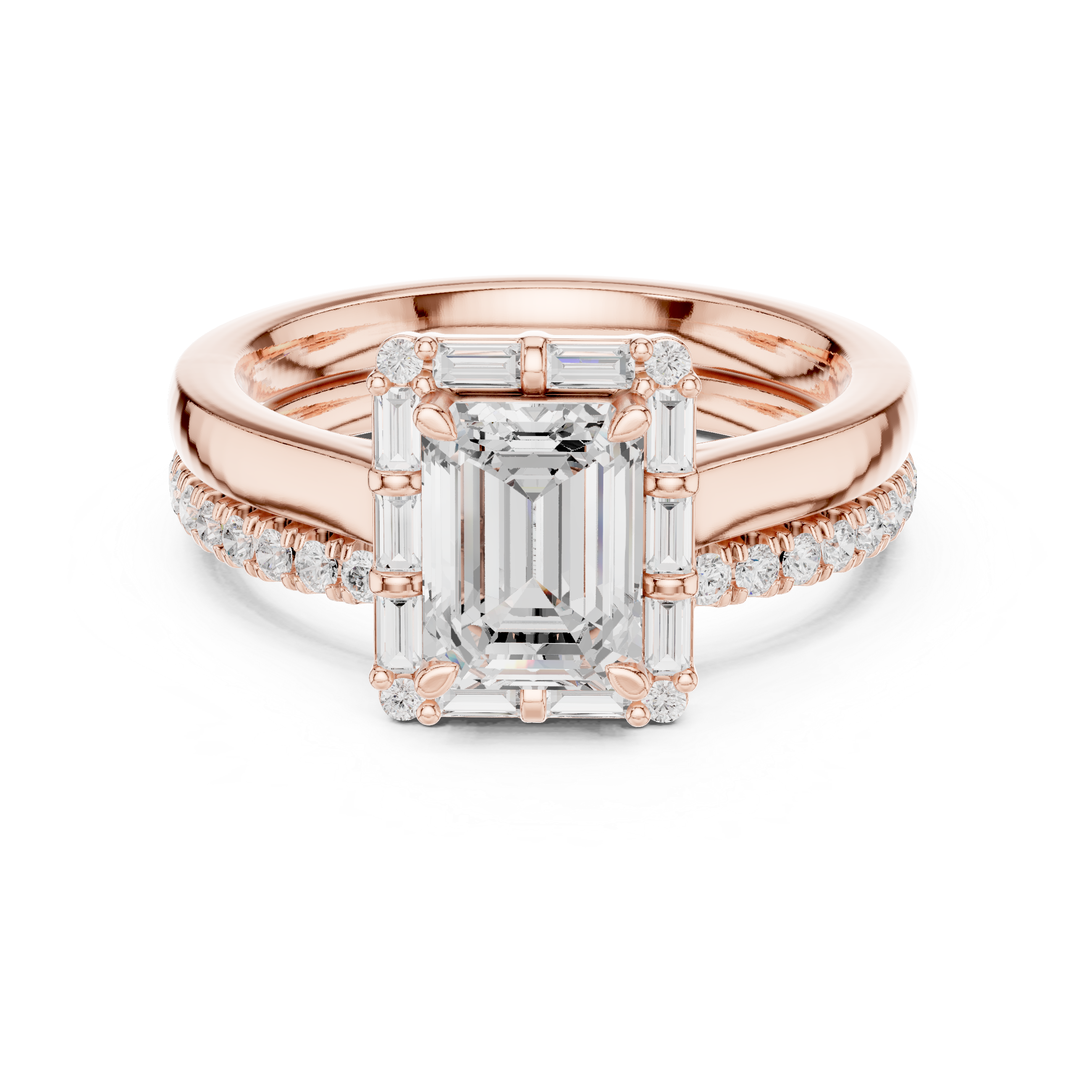 Emerald-Cut Diamond Baguette Halo Bridal Ring Set