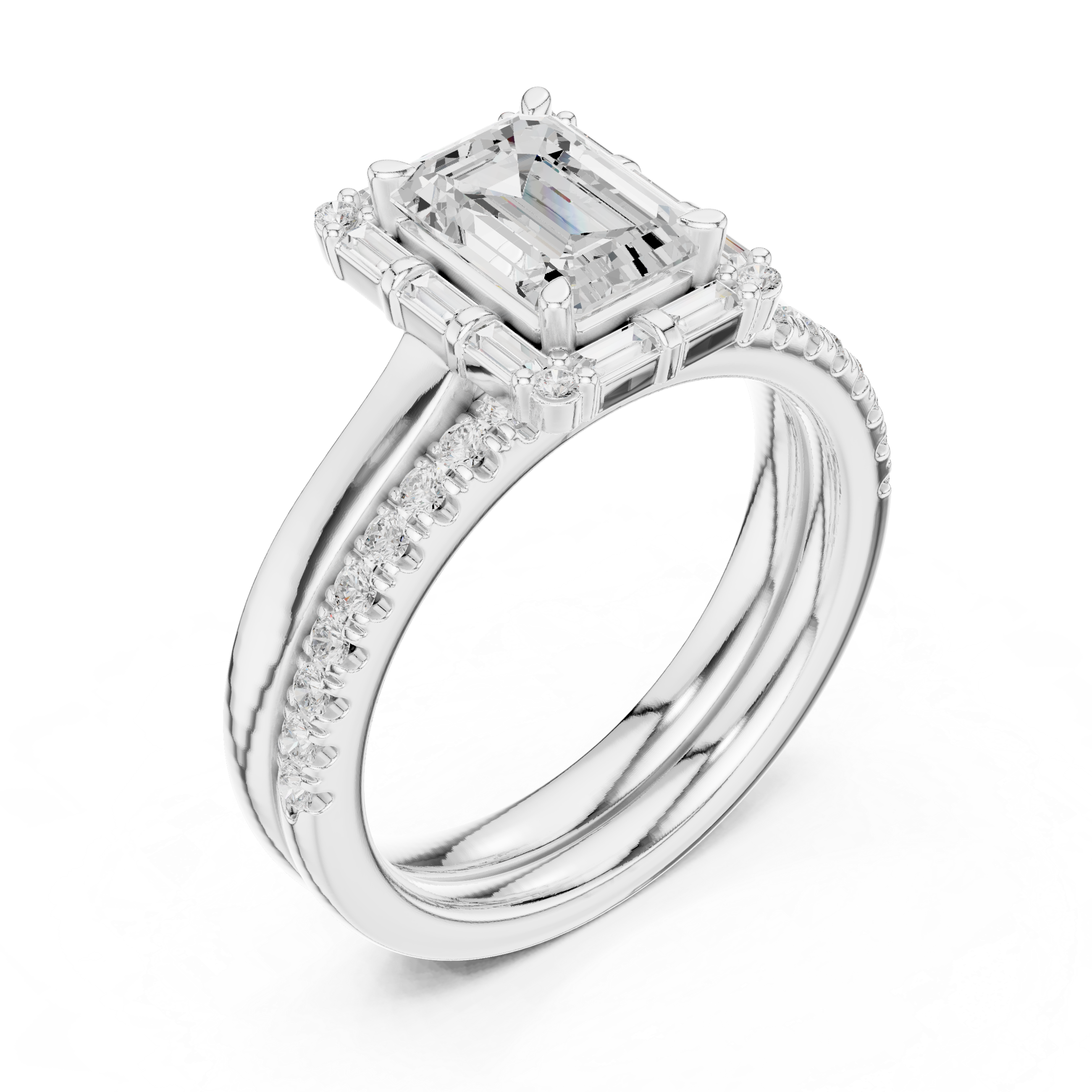 Emerald-Cut Diamond Baguette Halo Bridal Ring Set