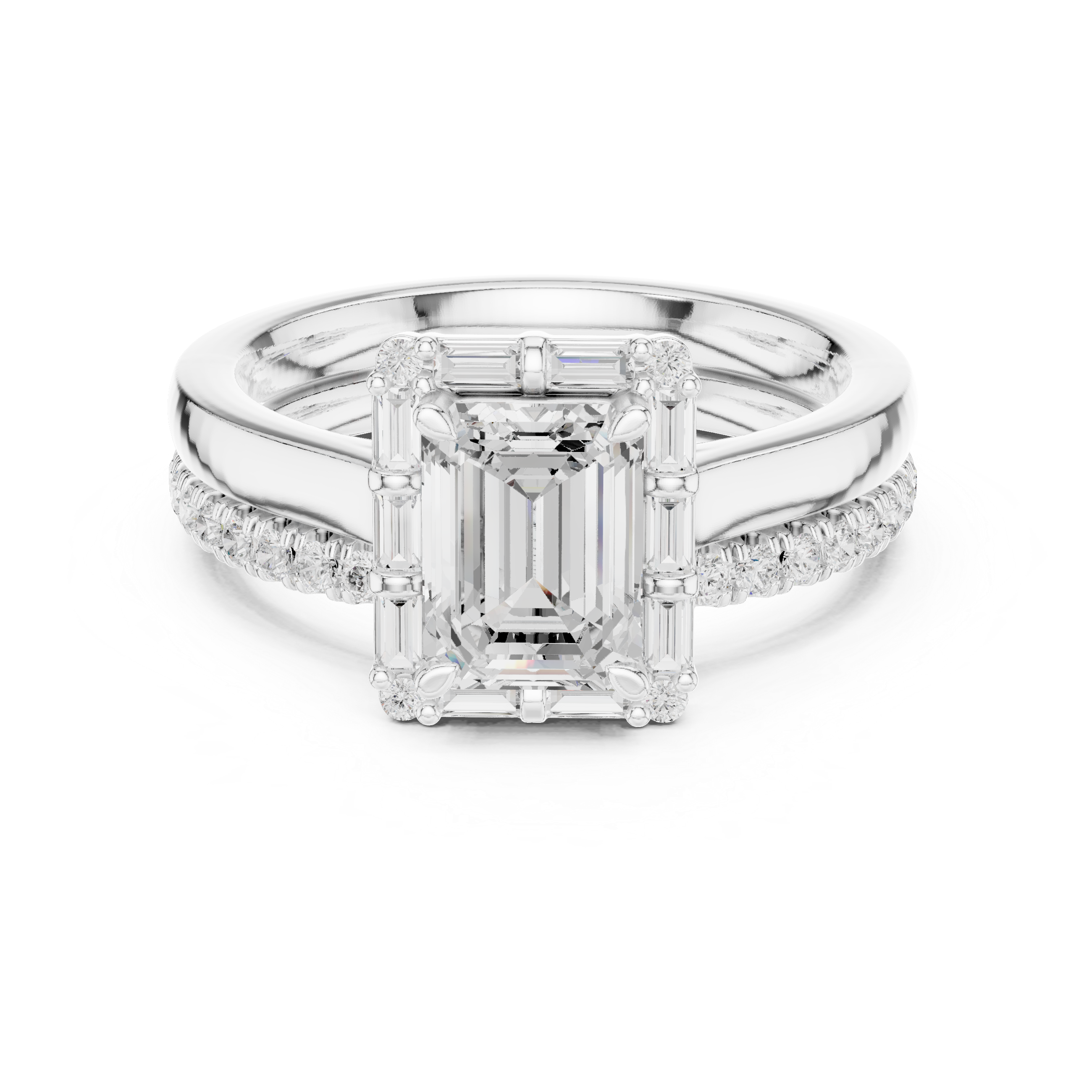 Emerald-Cut Diamond Baguette Halo Bridal Ring Set