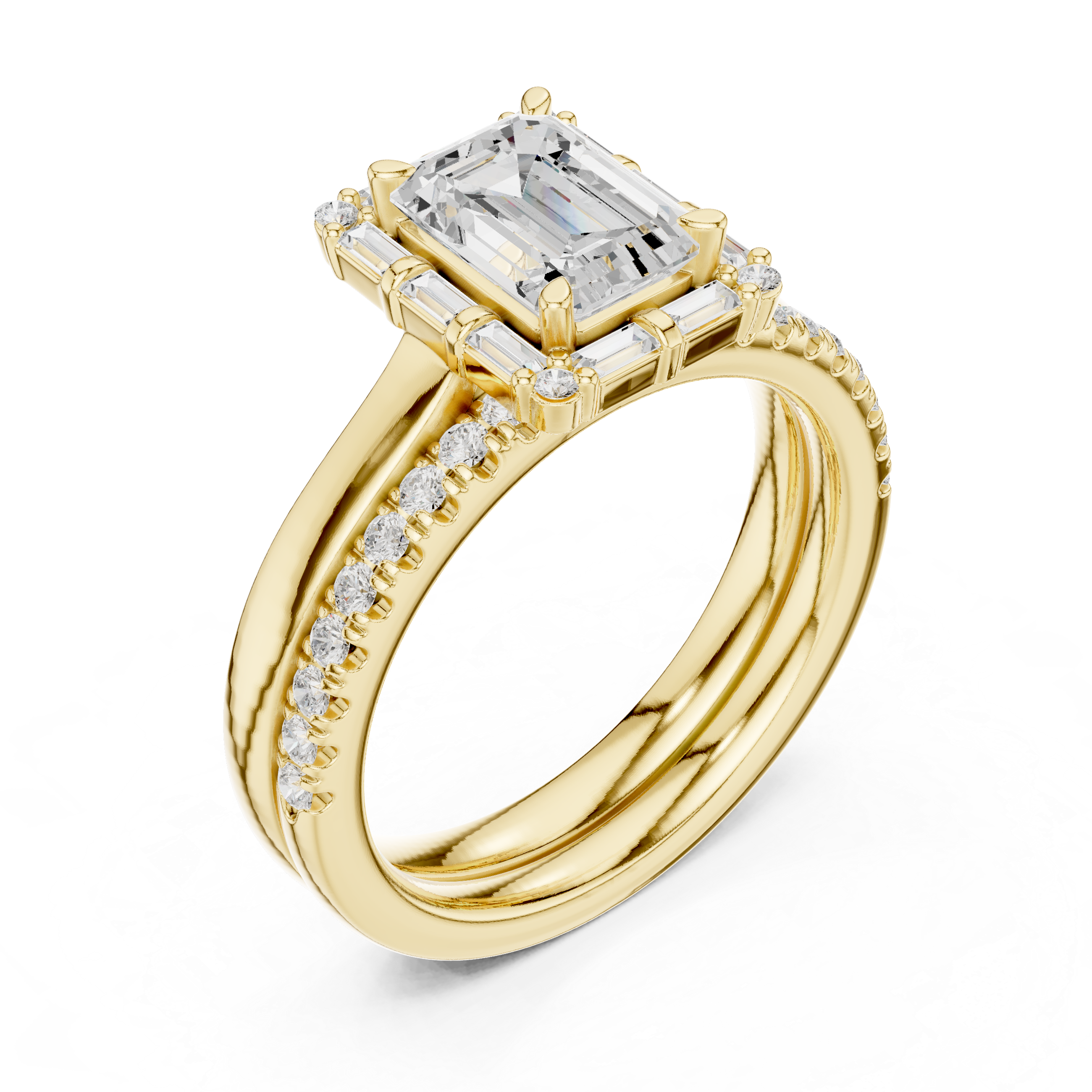 Emerald-Cut Diamond Baguette Halo Bridal Ring Set