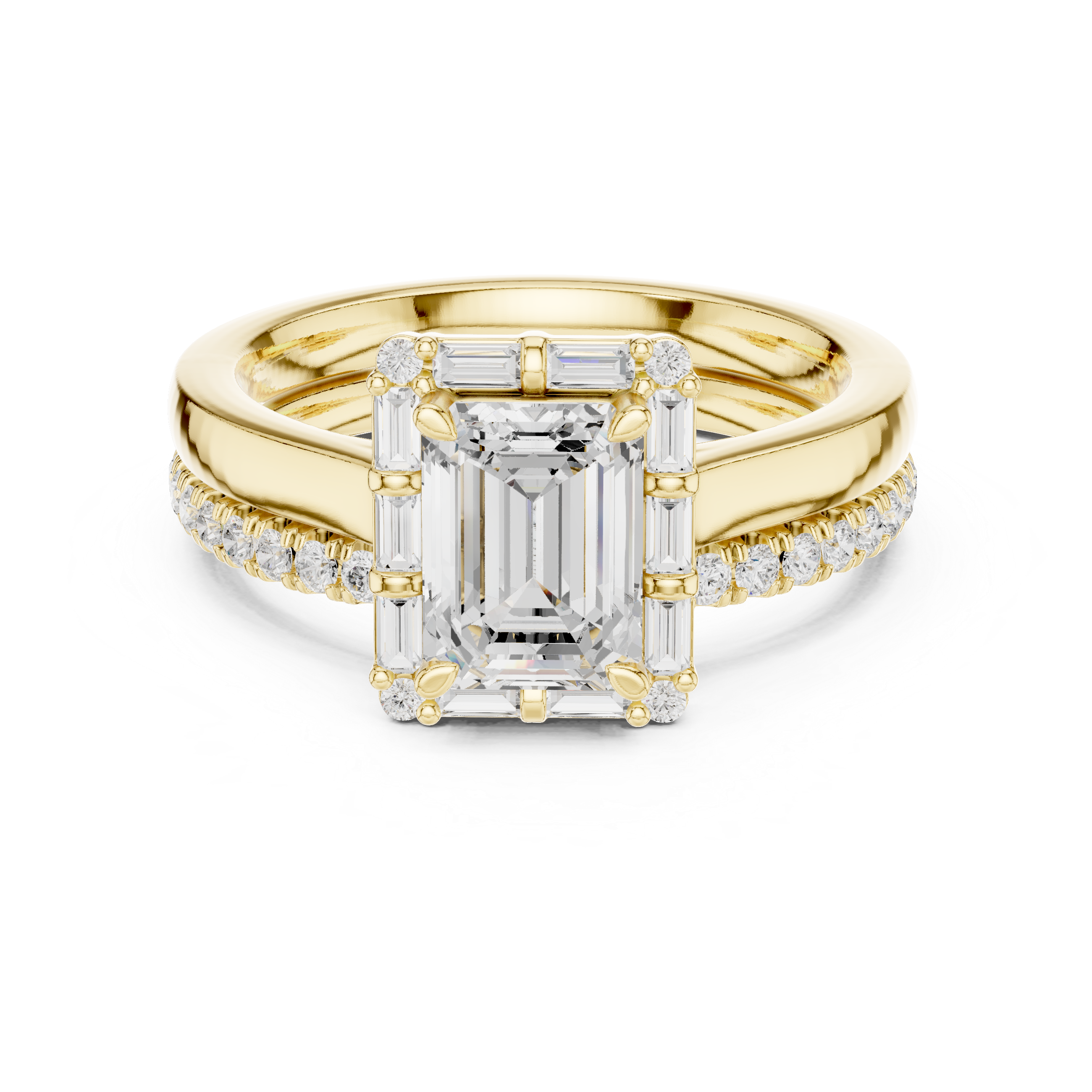 Emerald-Cut Diamond Baguette Halo Bridal Ring Set