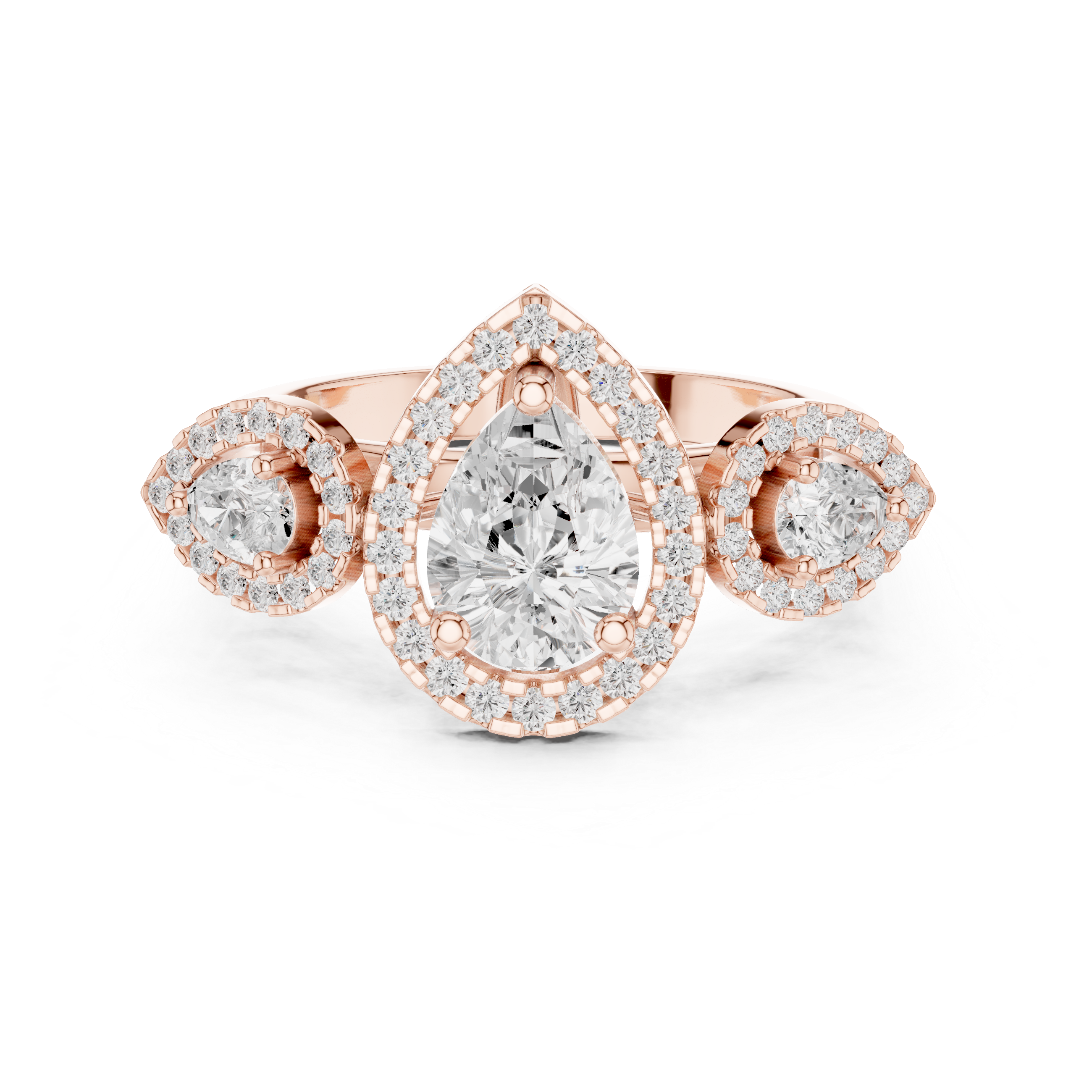 Pear Halo Three-Stone Diamond Ring