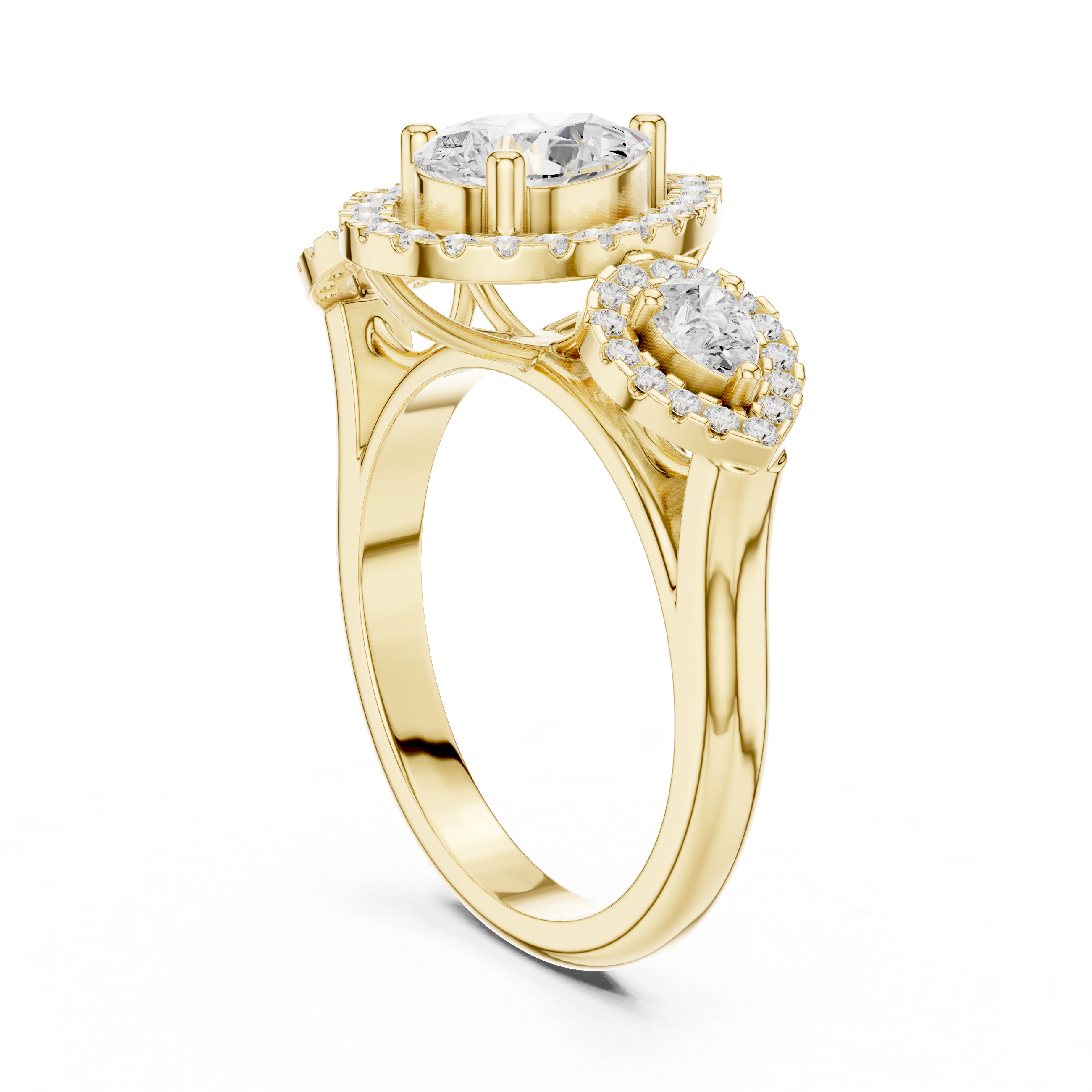Pear Halo Three-Stone Diamond Ring