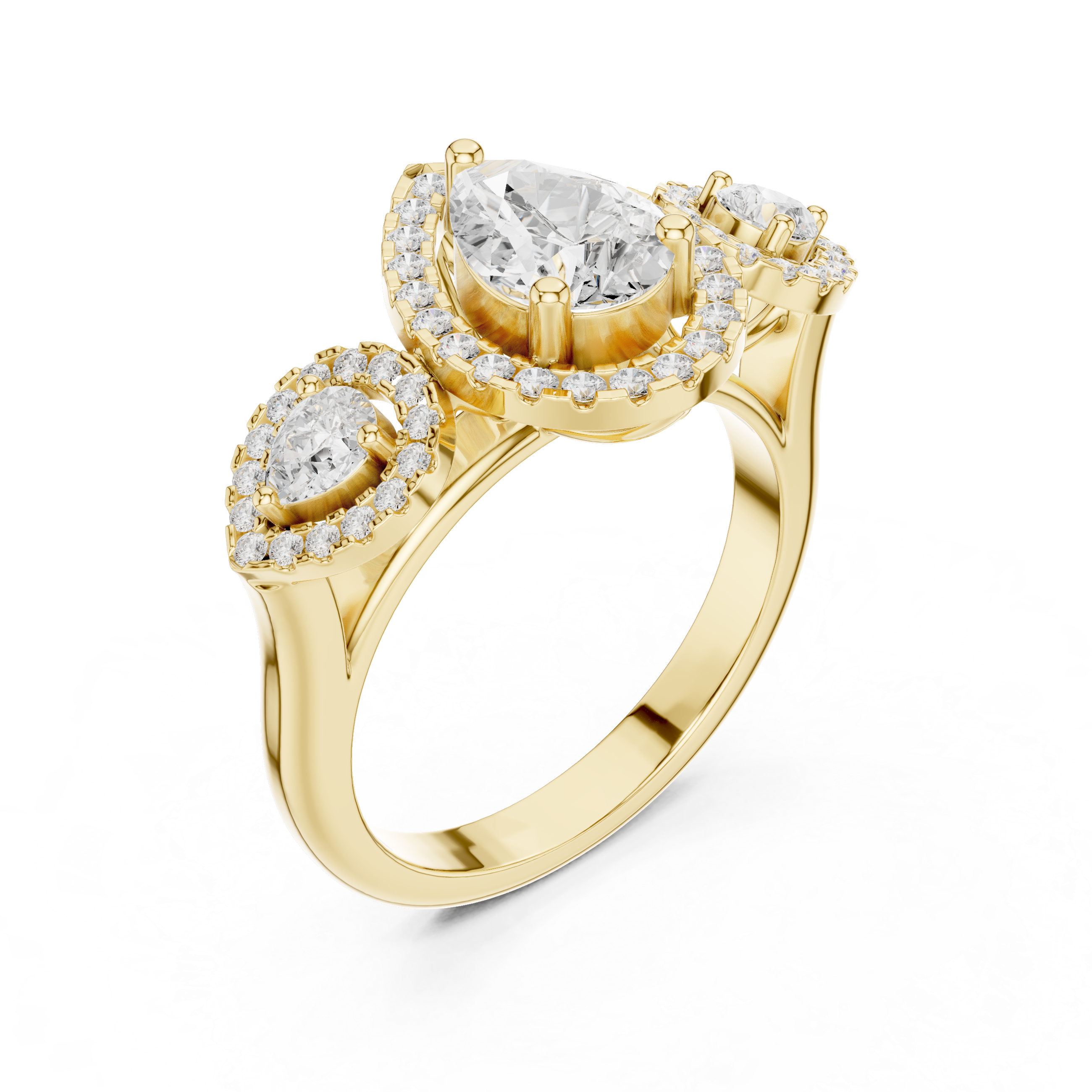 Pear Halo Three-Stone Diamond Ring