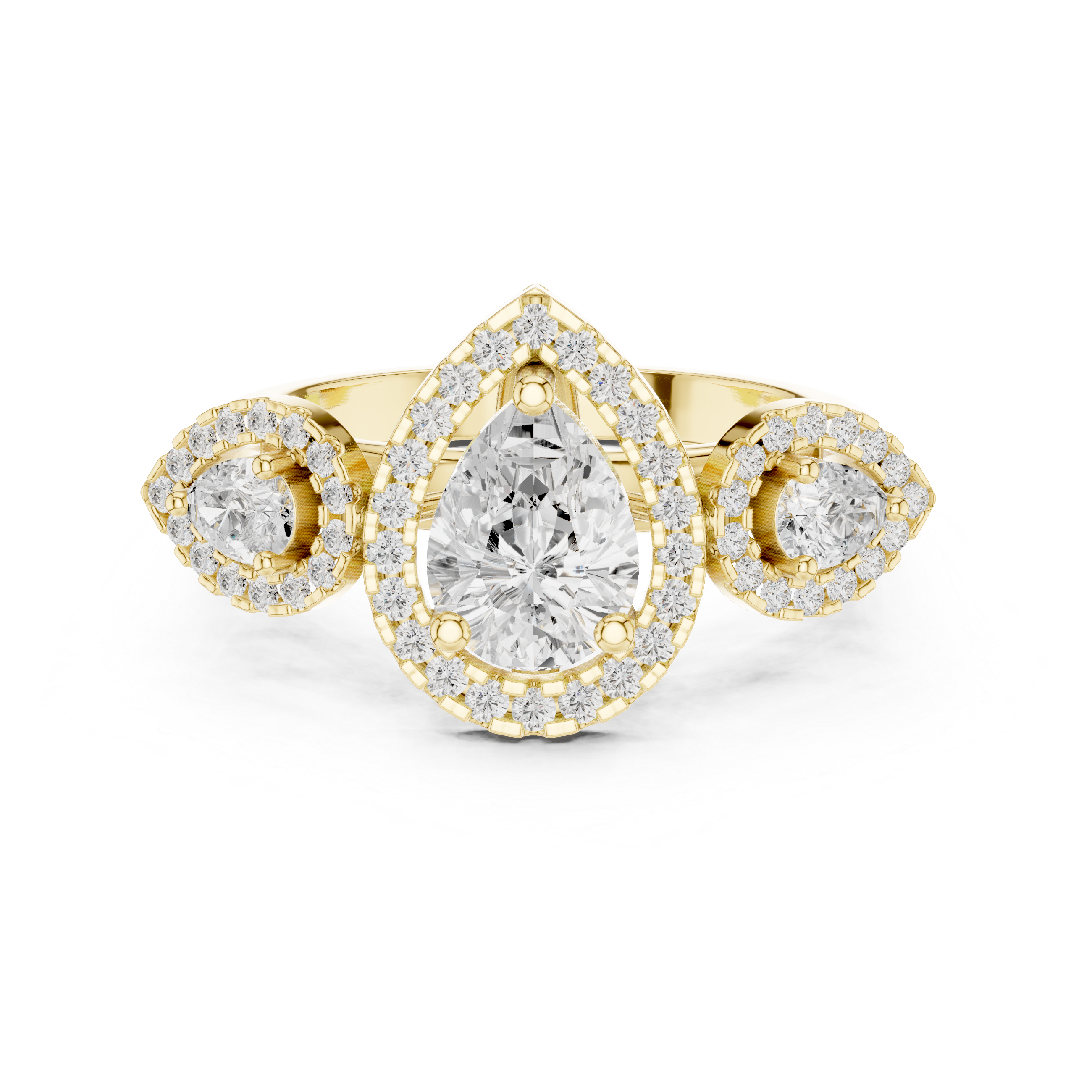 Pear Halo Three-Stone Diamond Ring
