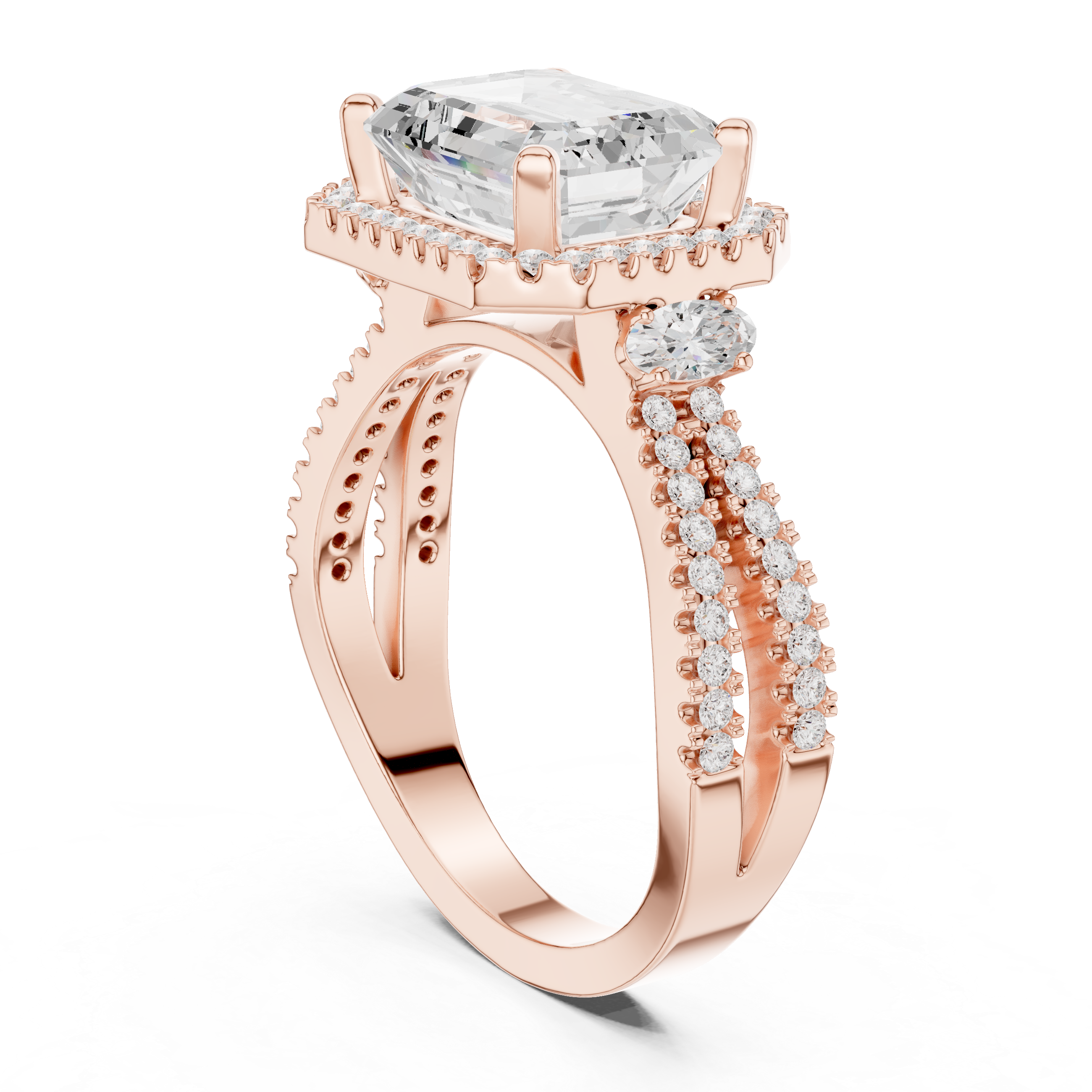 Emerald Cut Split Shank Halo Ring