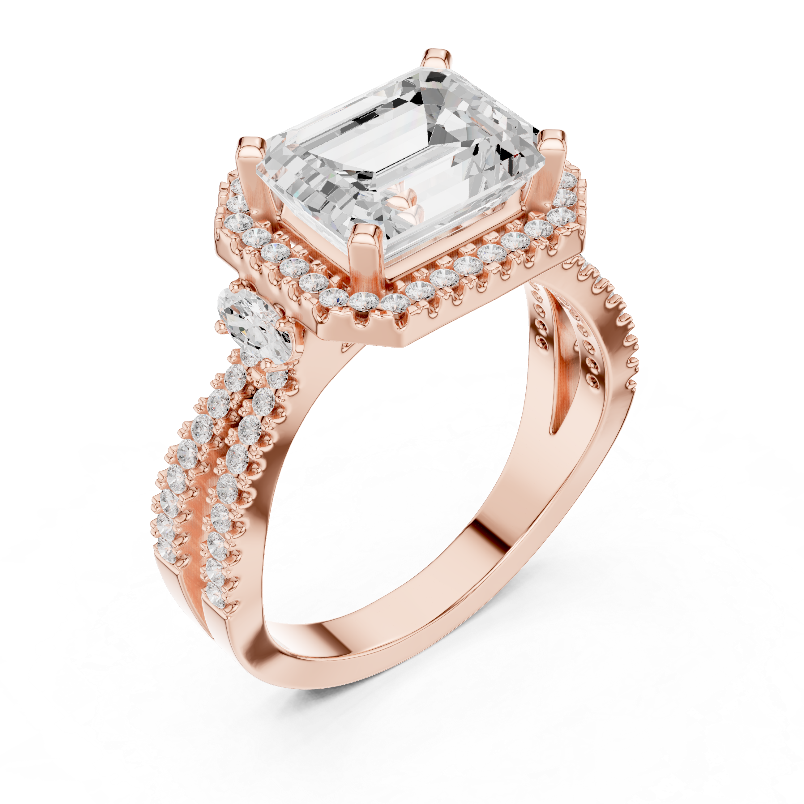 Emerald Cut Split Shank Halo Ring