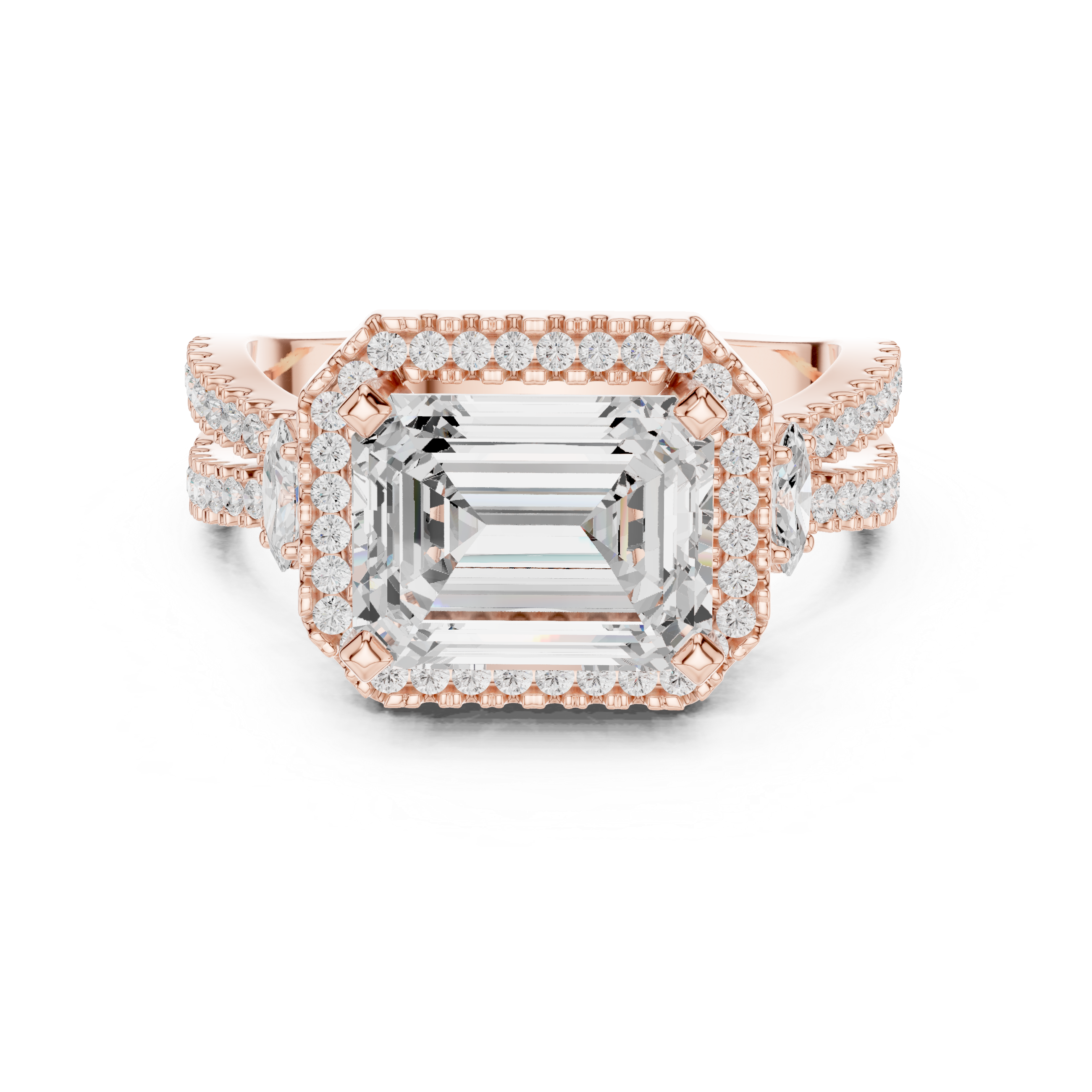 Emerald Cut Split Shank Halo Ring