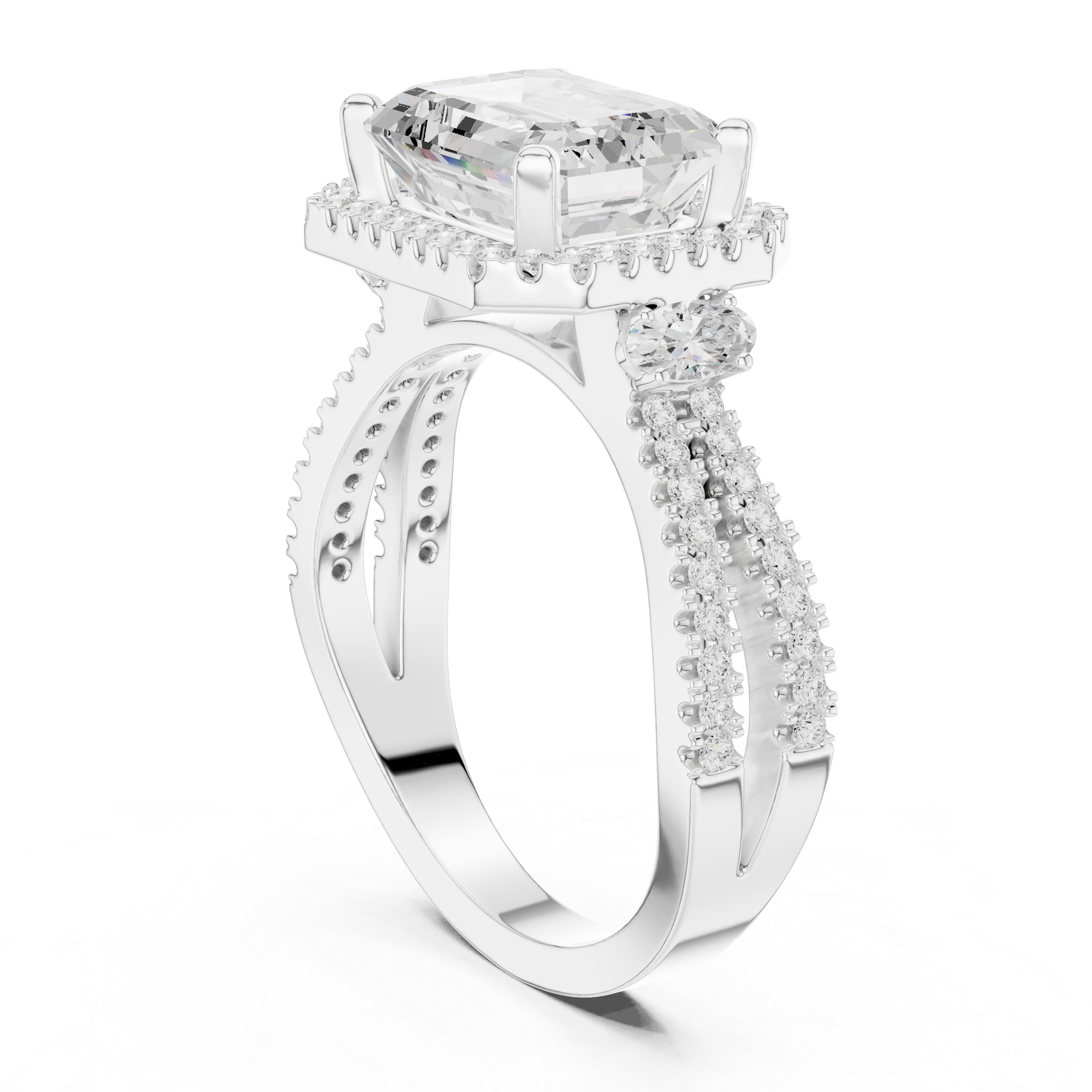 Emerald Cut Split Shank Halo Ring