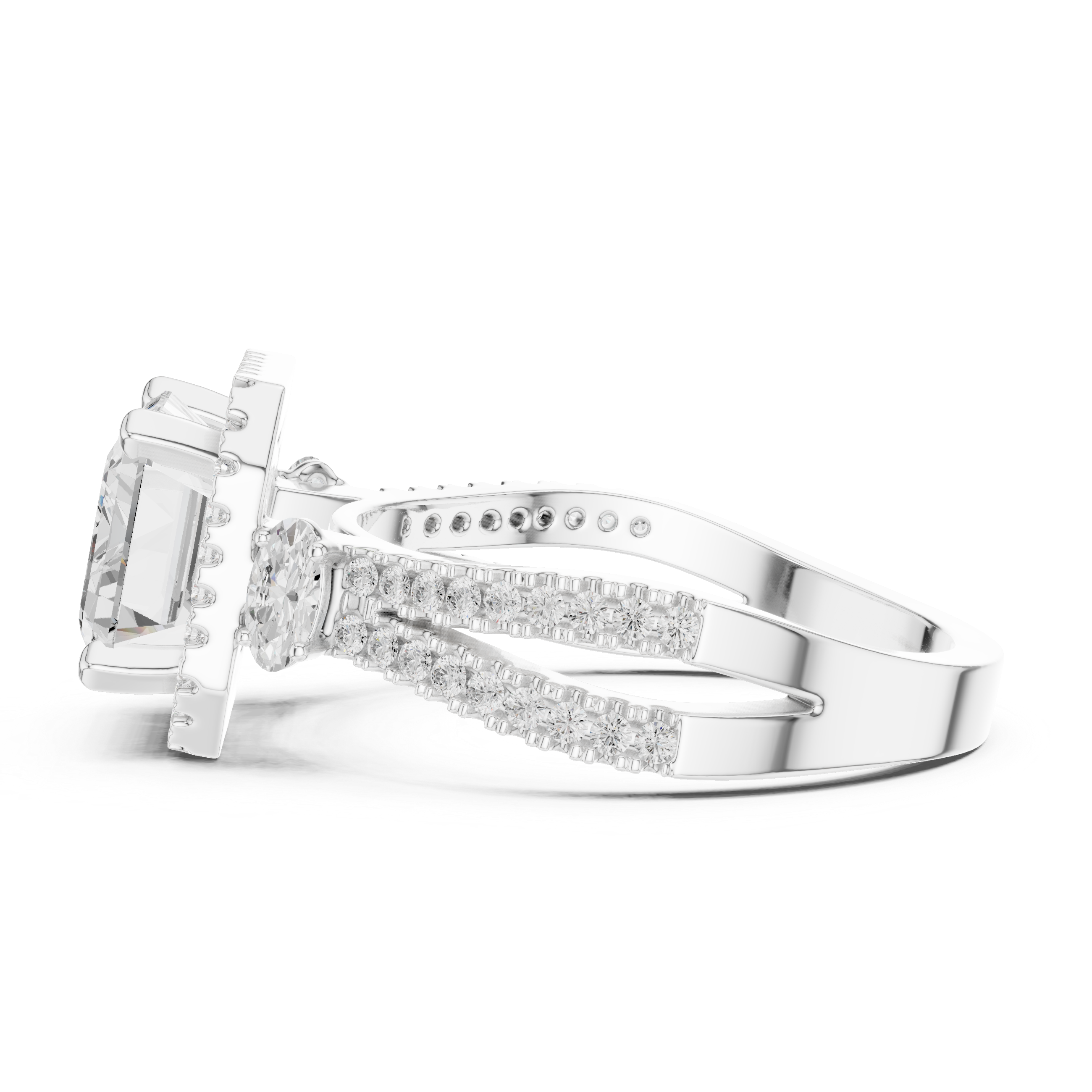 Emerald Cut Split Shank Halo Ring