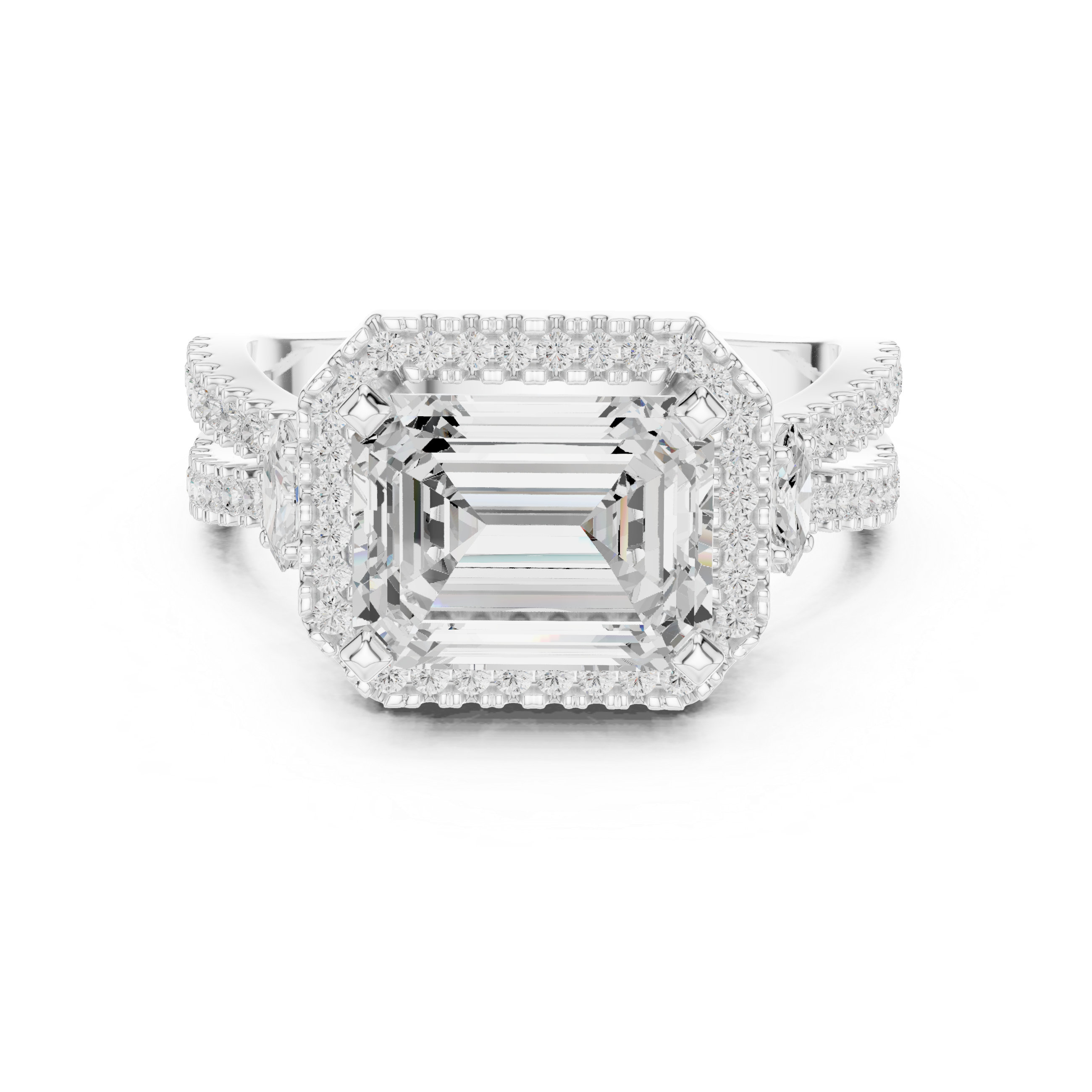 Emerald Cut Split Shank Halo Ring