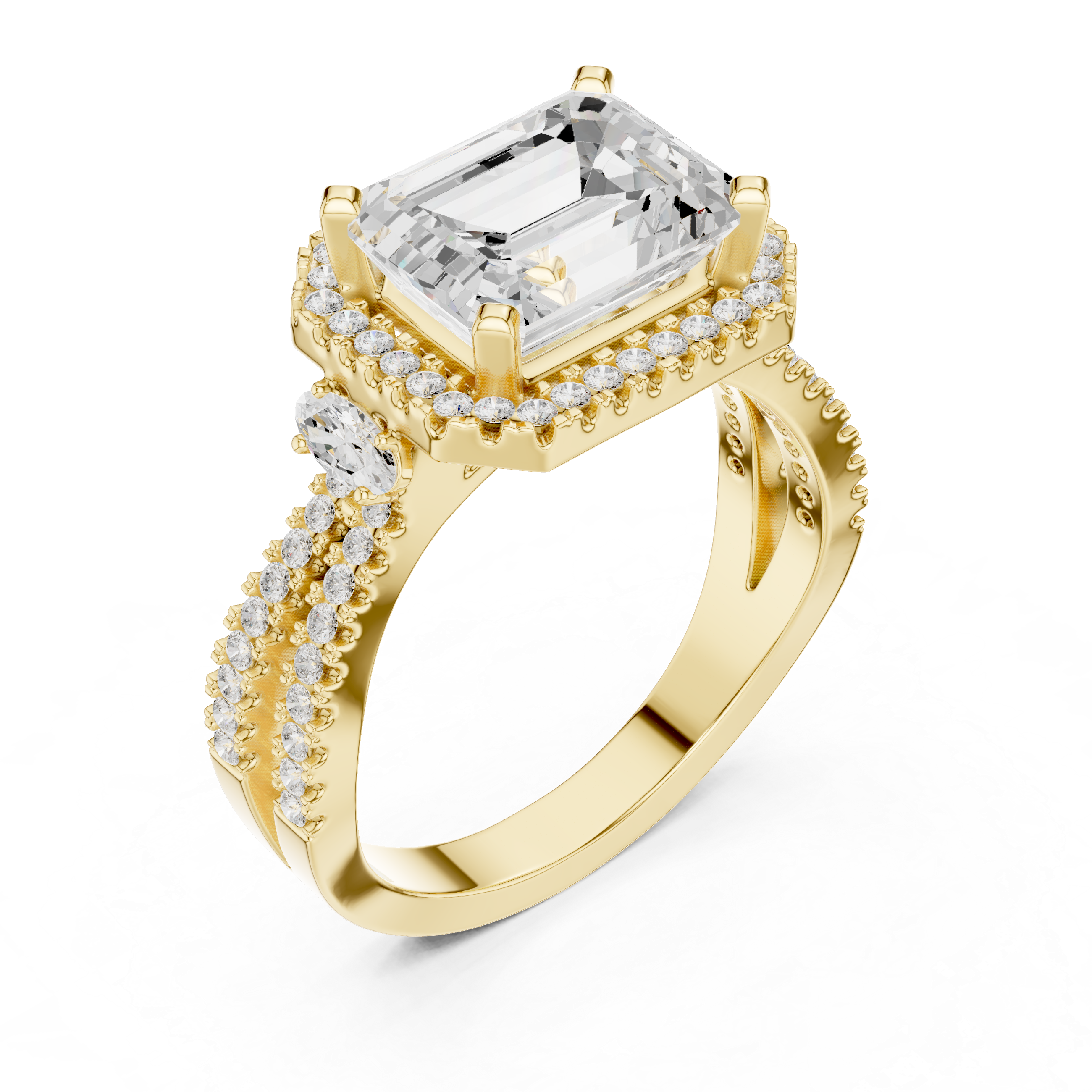 Emerald Cut Split Shank Halo Ring