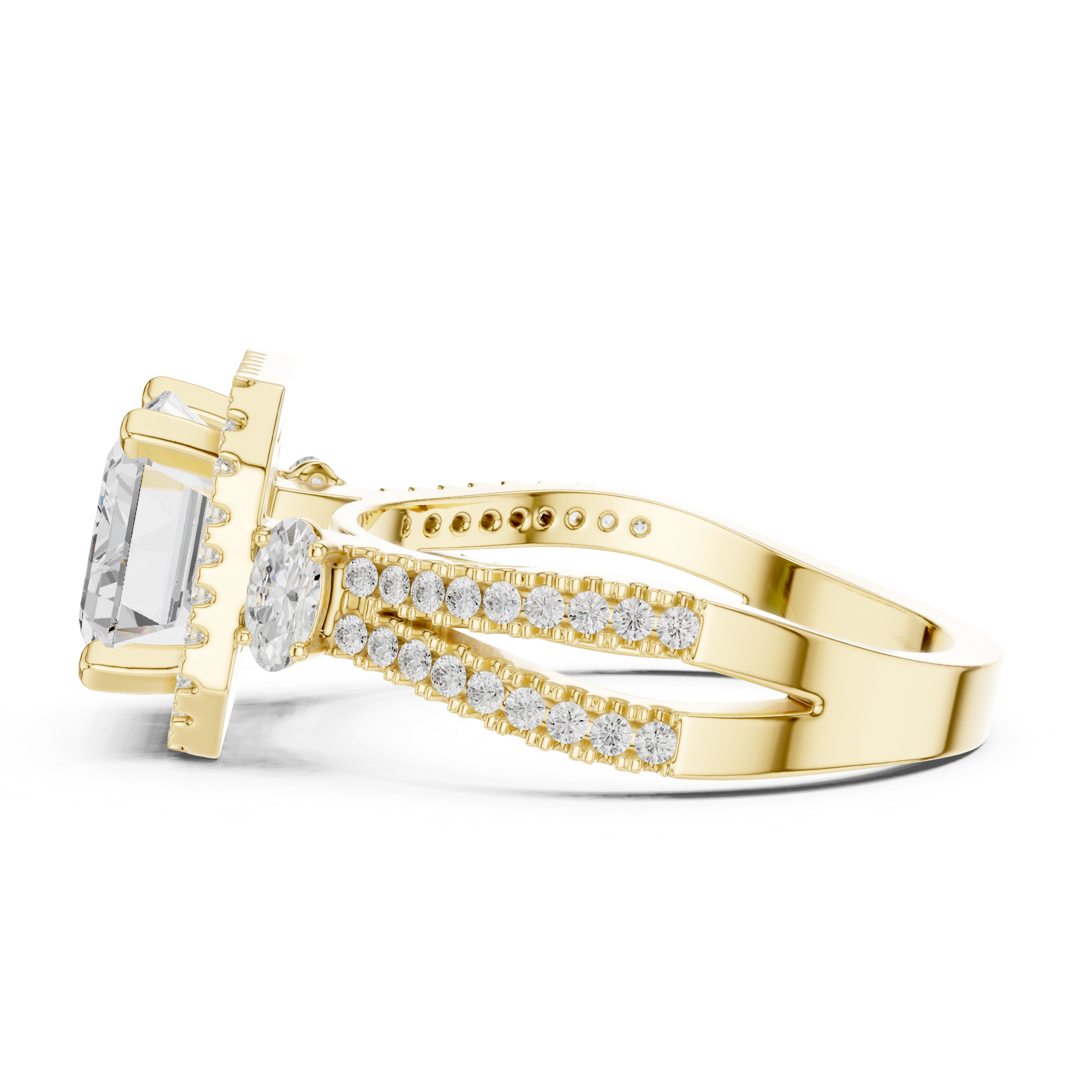 Emerald Cut Split Shank Halo Ring