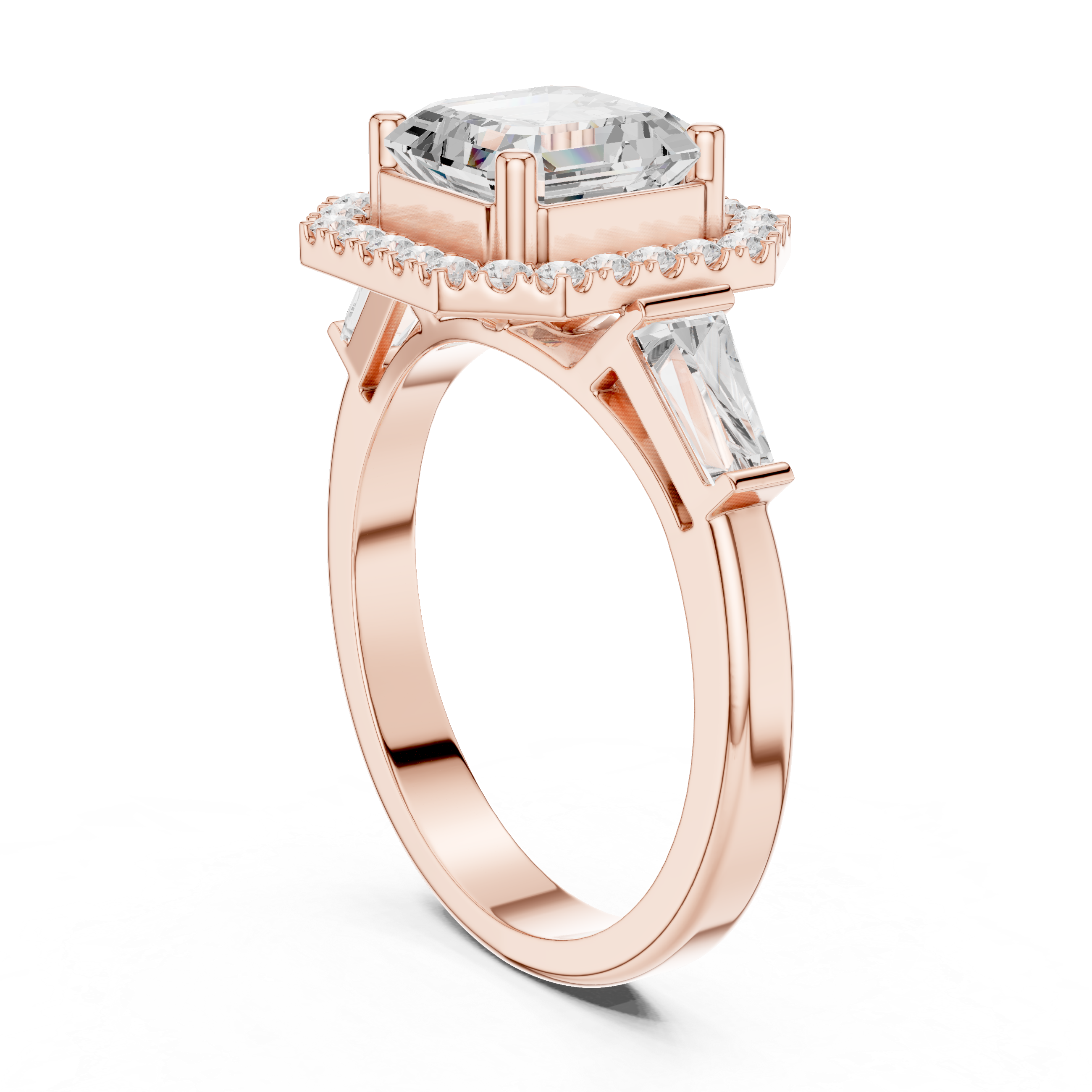 Asscher Halo Three Stone Ring