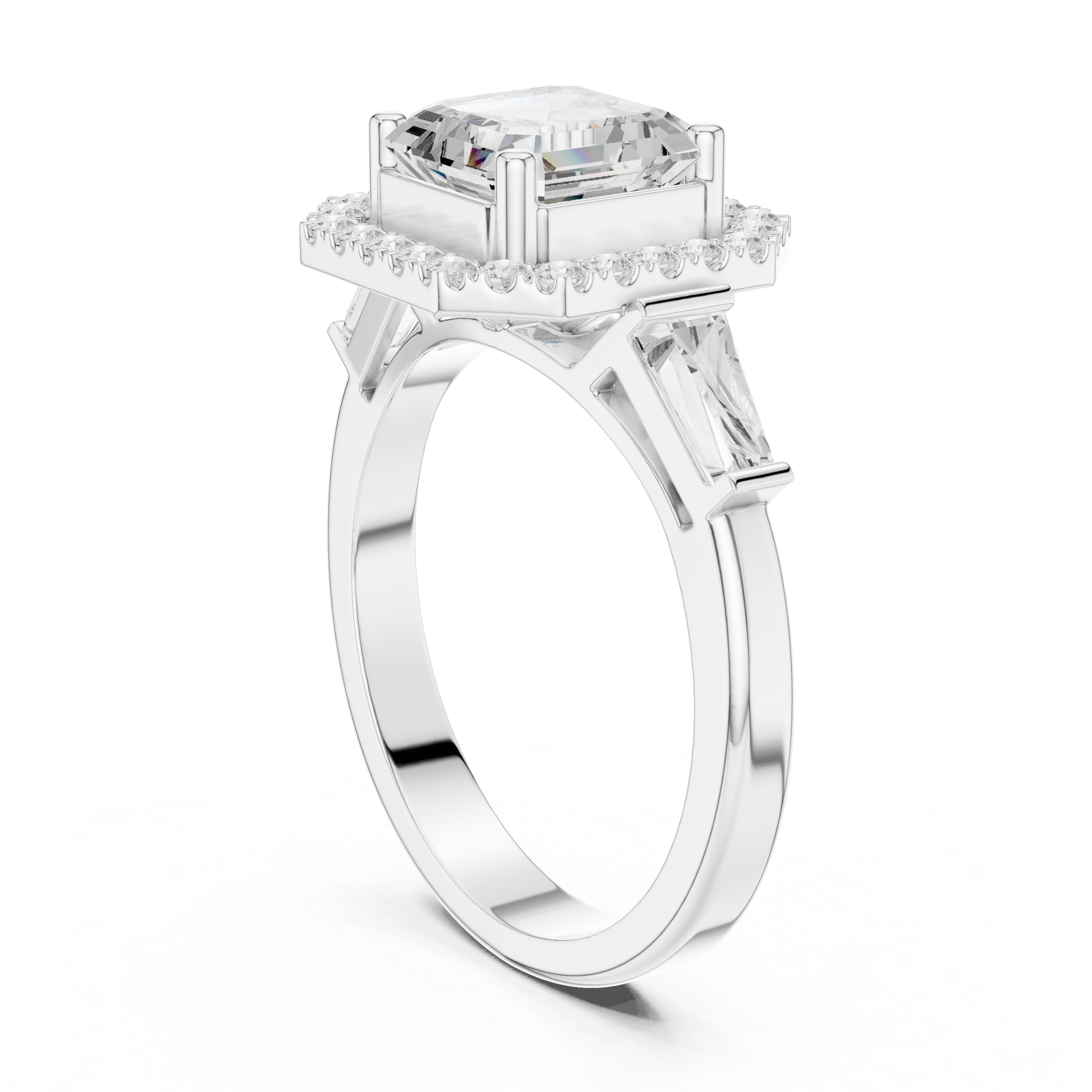Asscher Halo Three Stone Ring