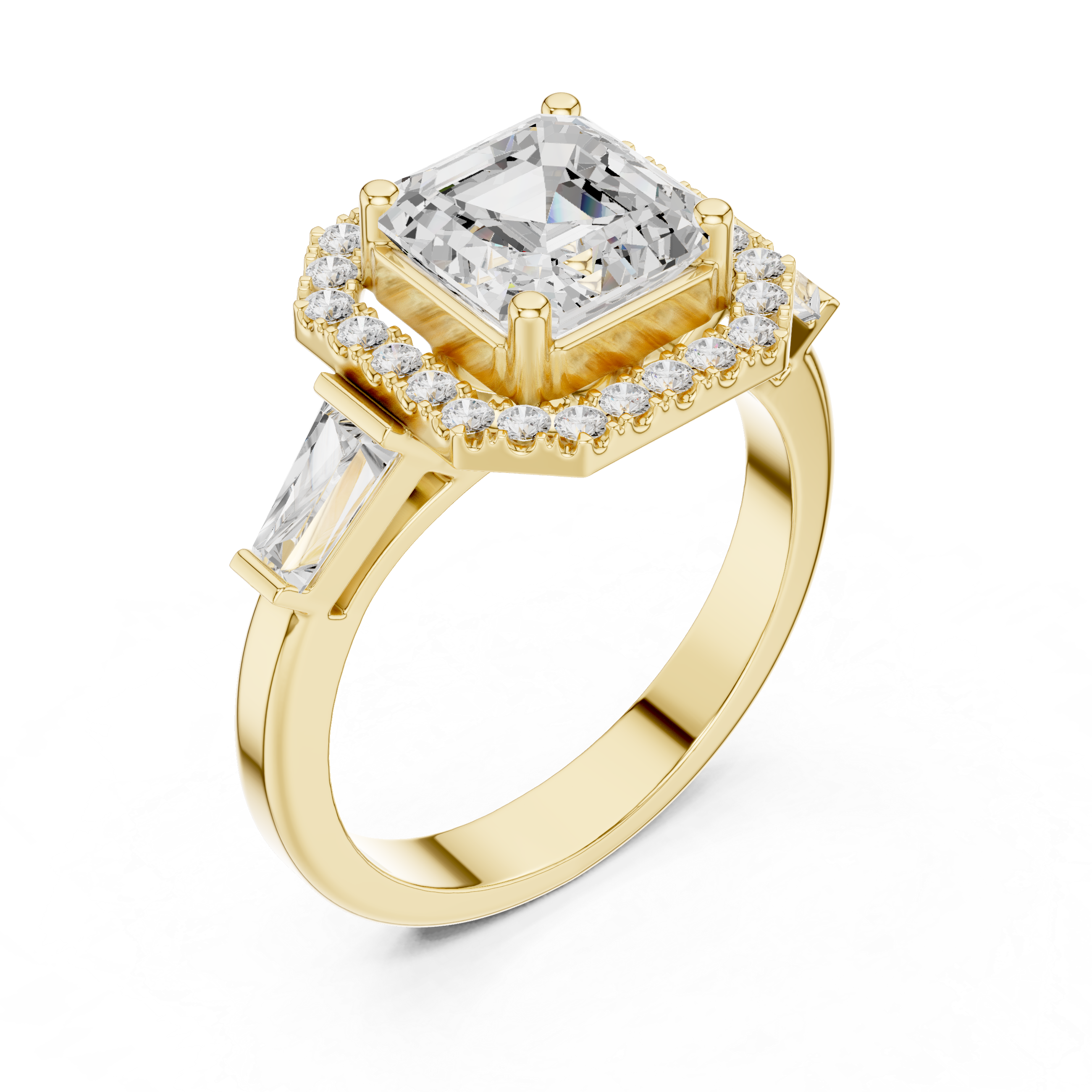 Asscher Halo Three Stone Ring