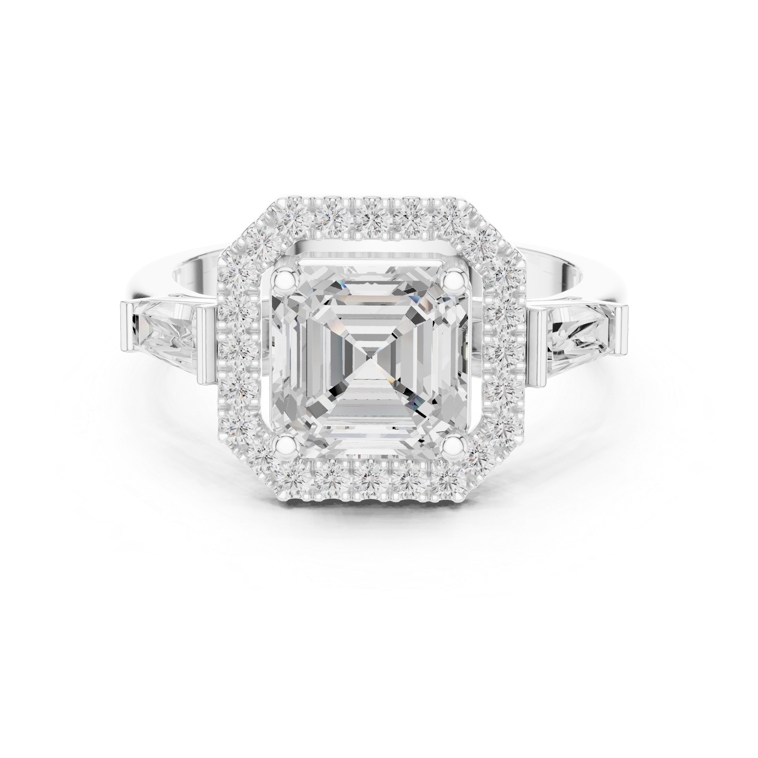 Asscher Halo Three Stone Ring