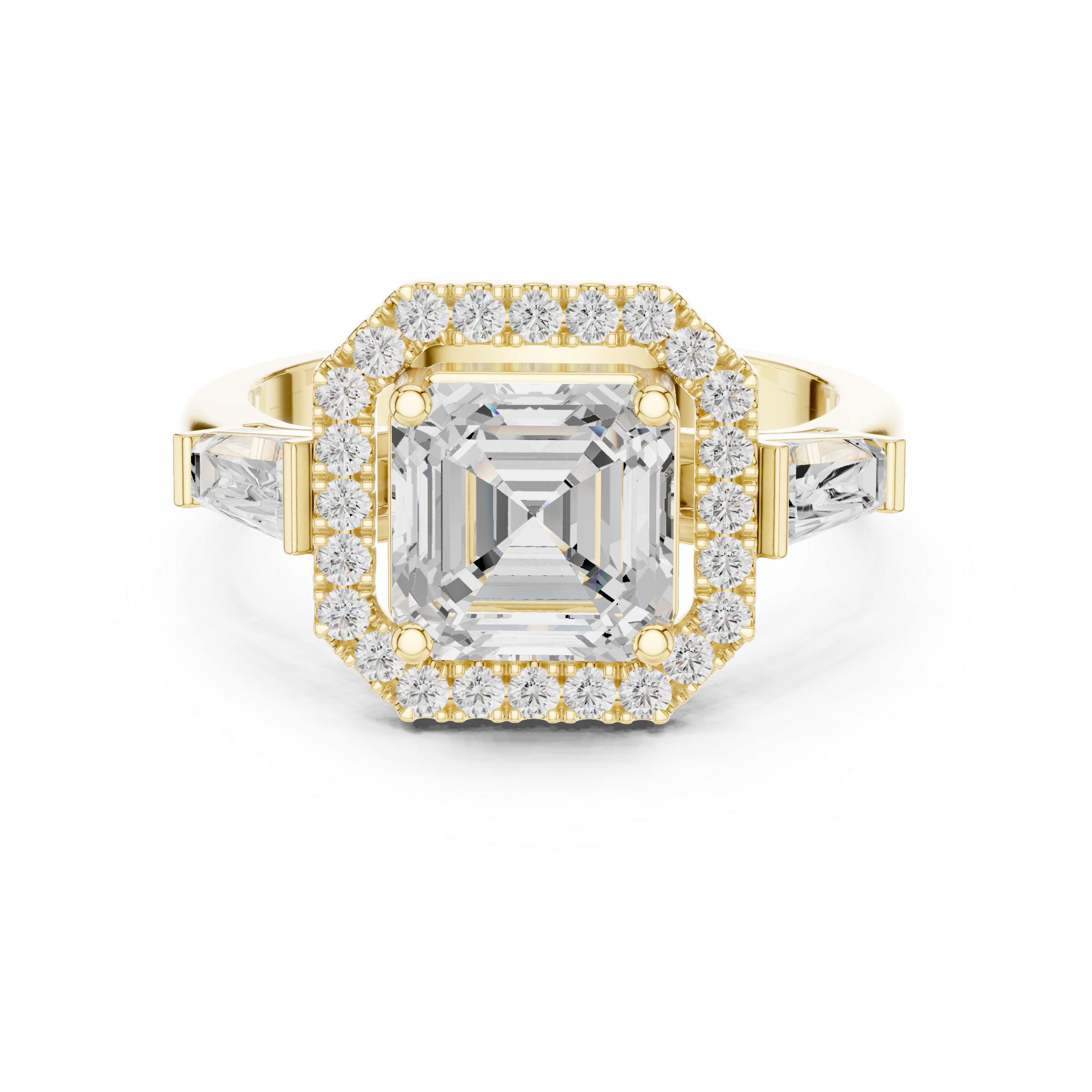 Asscher Halo Three Stone Ring