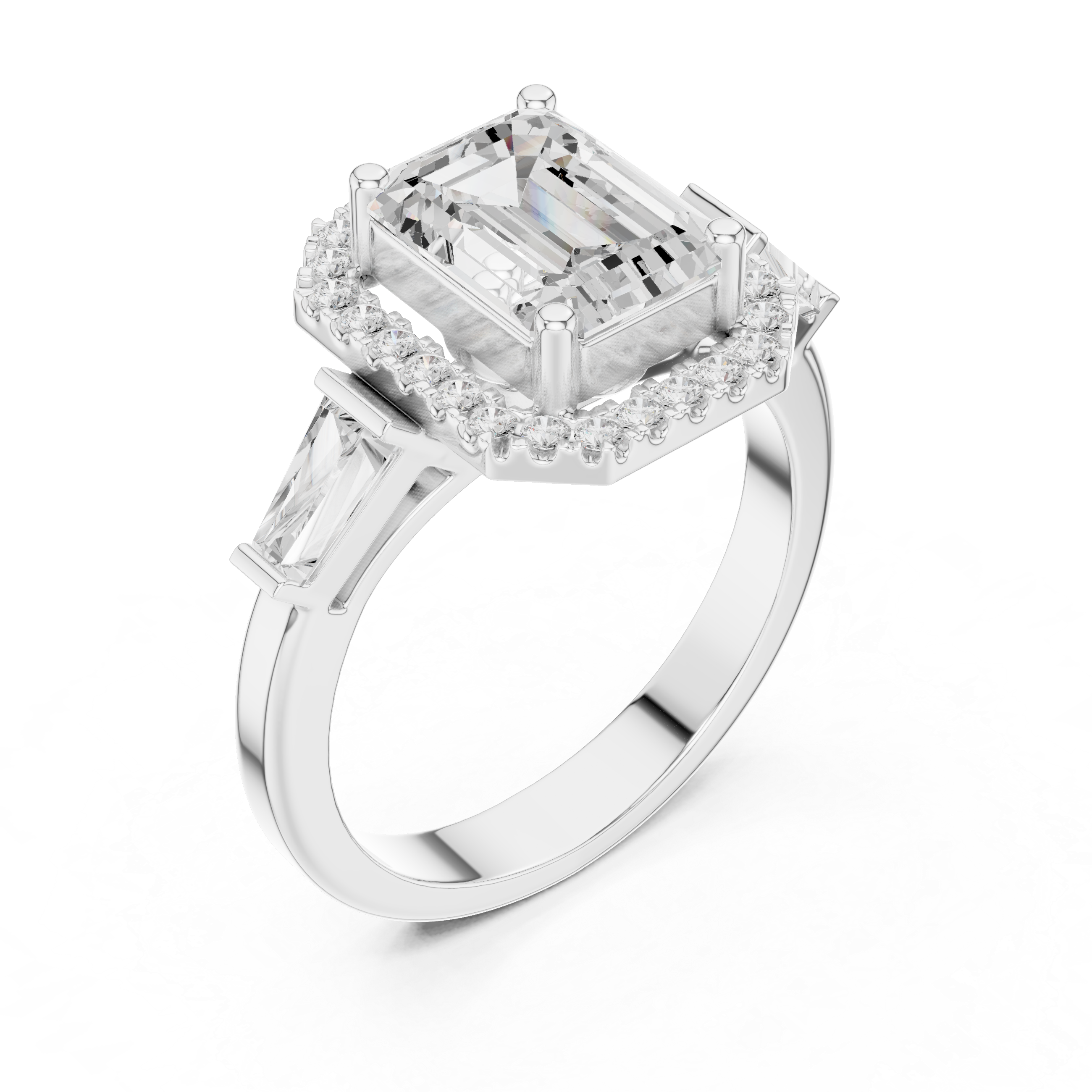 Emerald Halo Three Stone Ring
