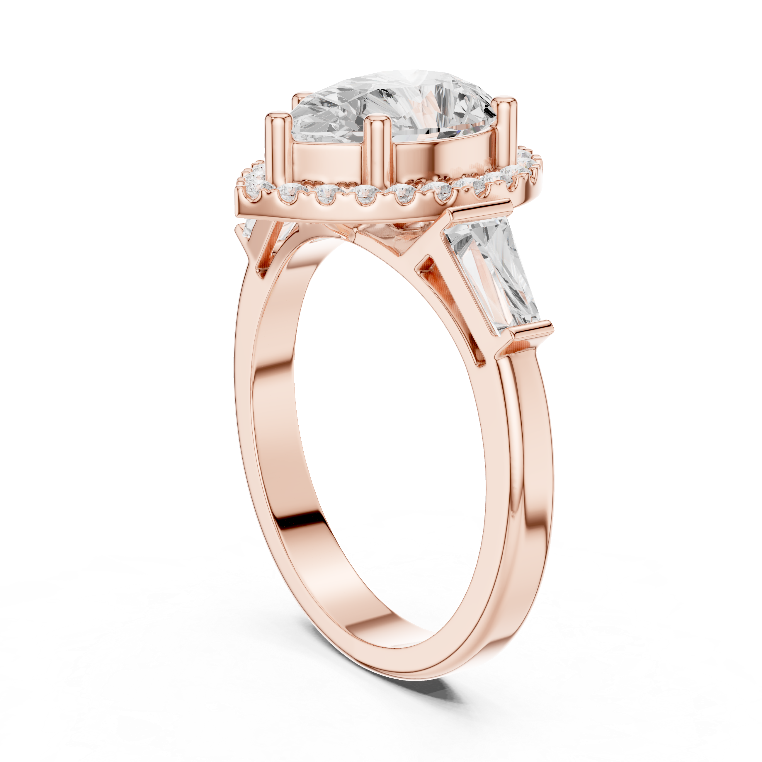 Pear Halo Three Stone Ring