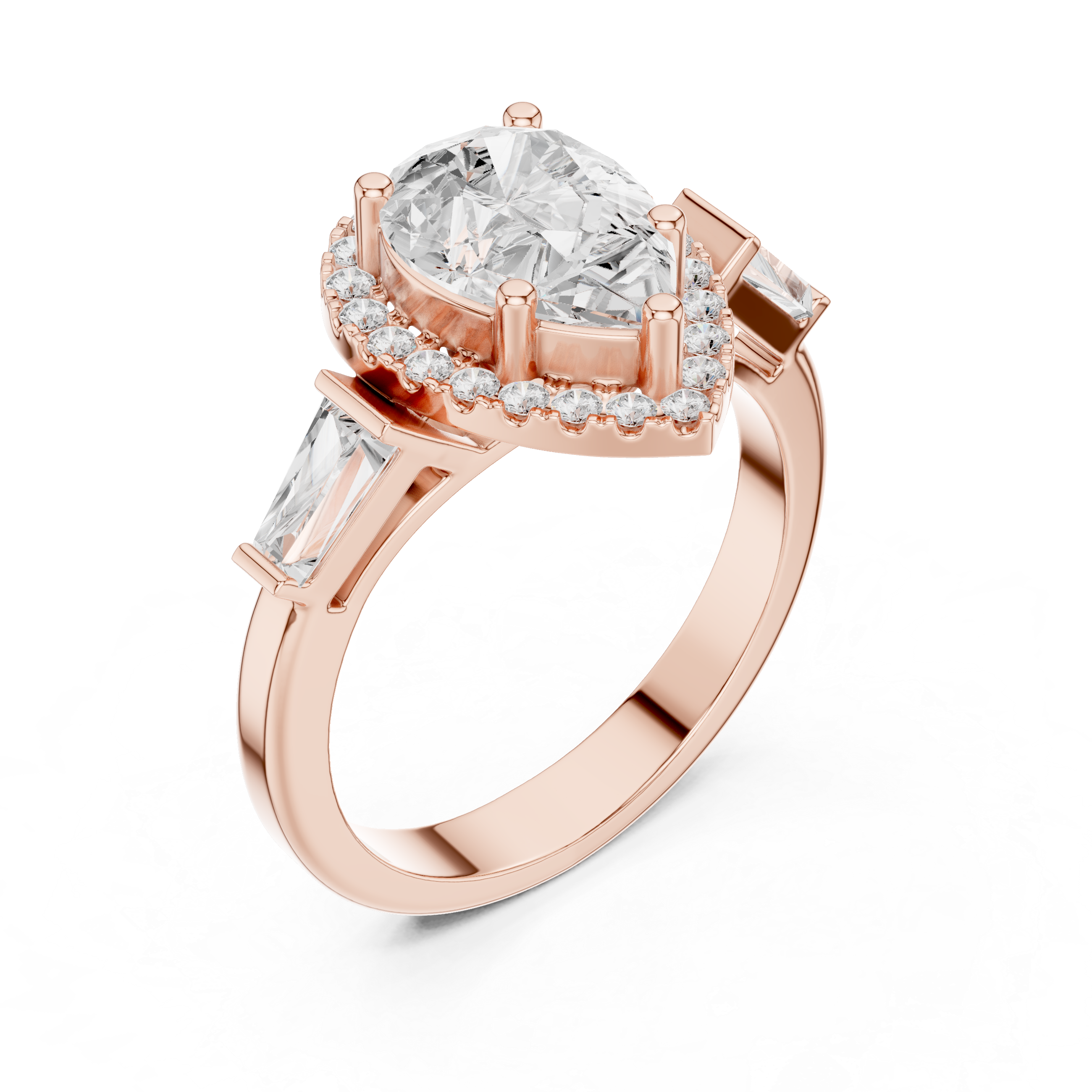 Pear Halo Three Stone Ring