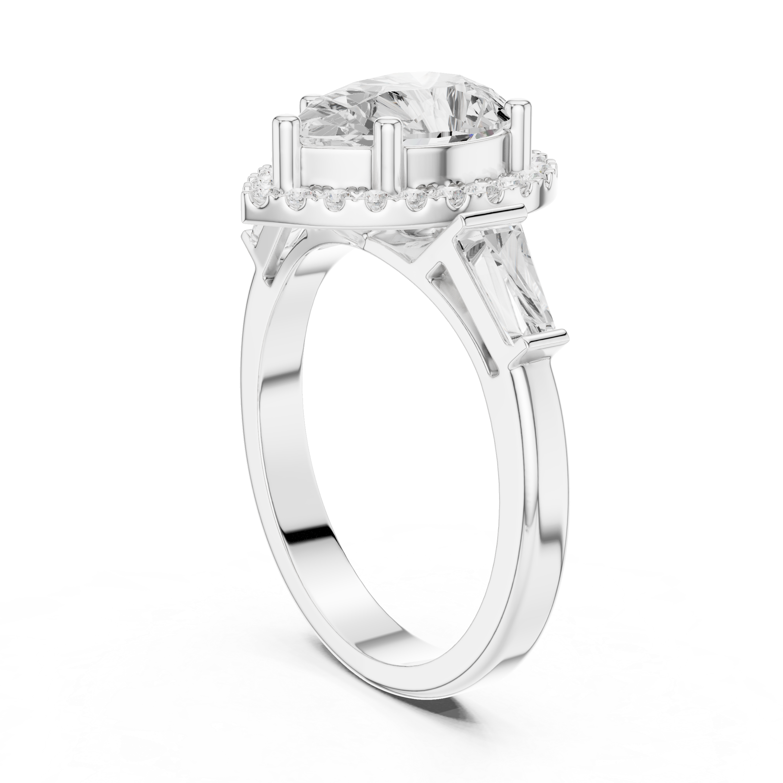 Pear Halo Three Stone Ring