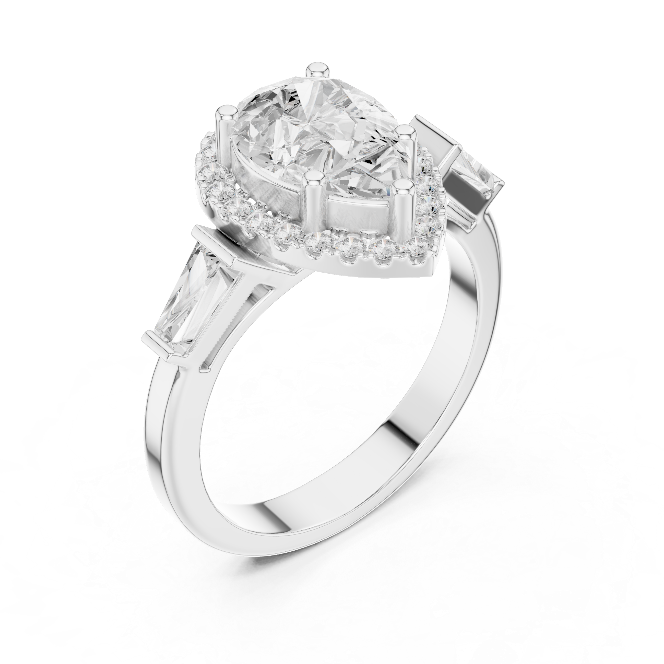 Pear Halo Three Stone Ring