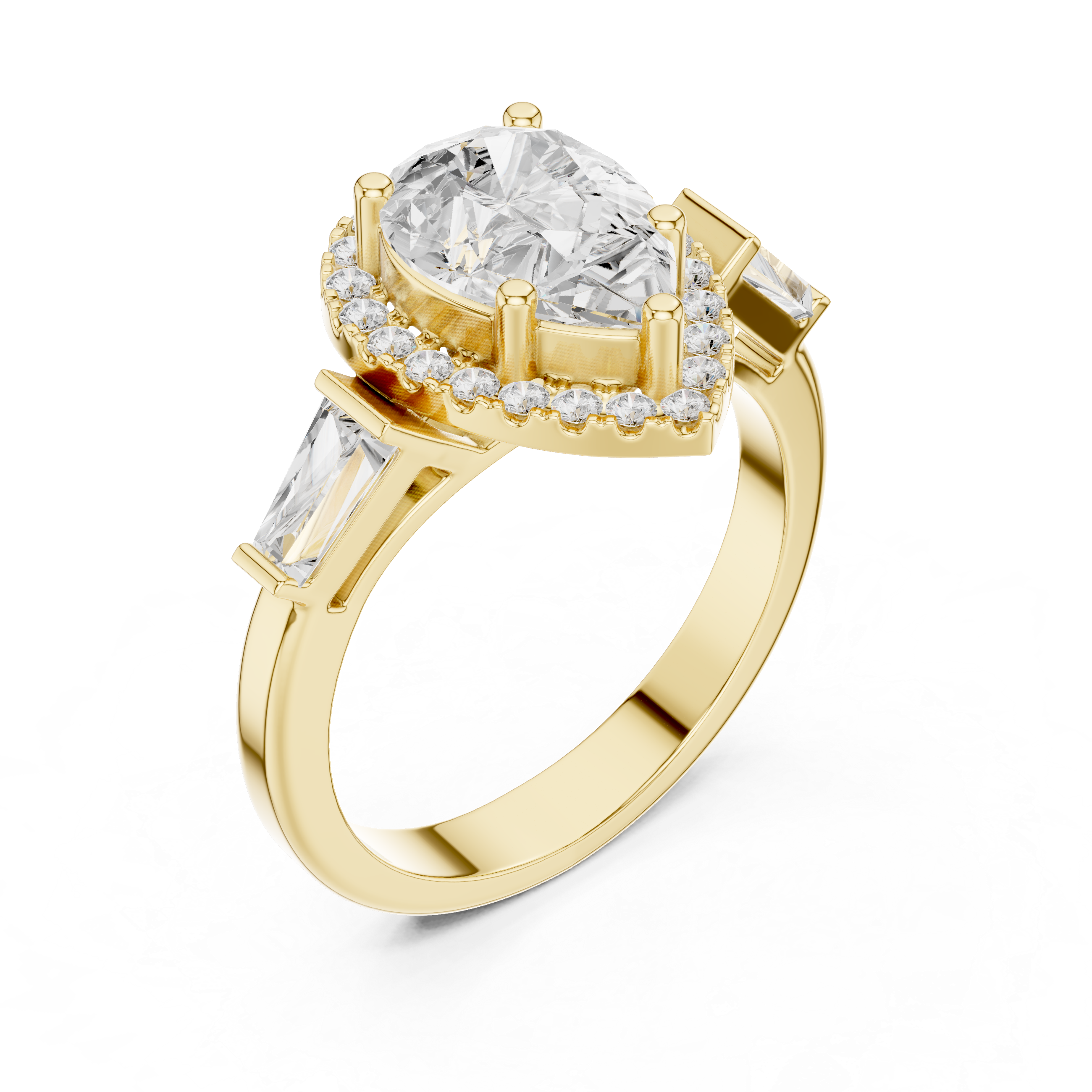 Pear Halo Three Stone Ring