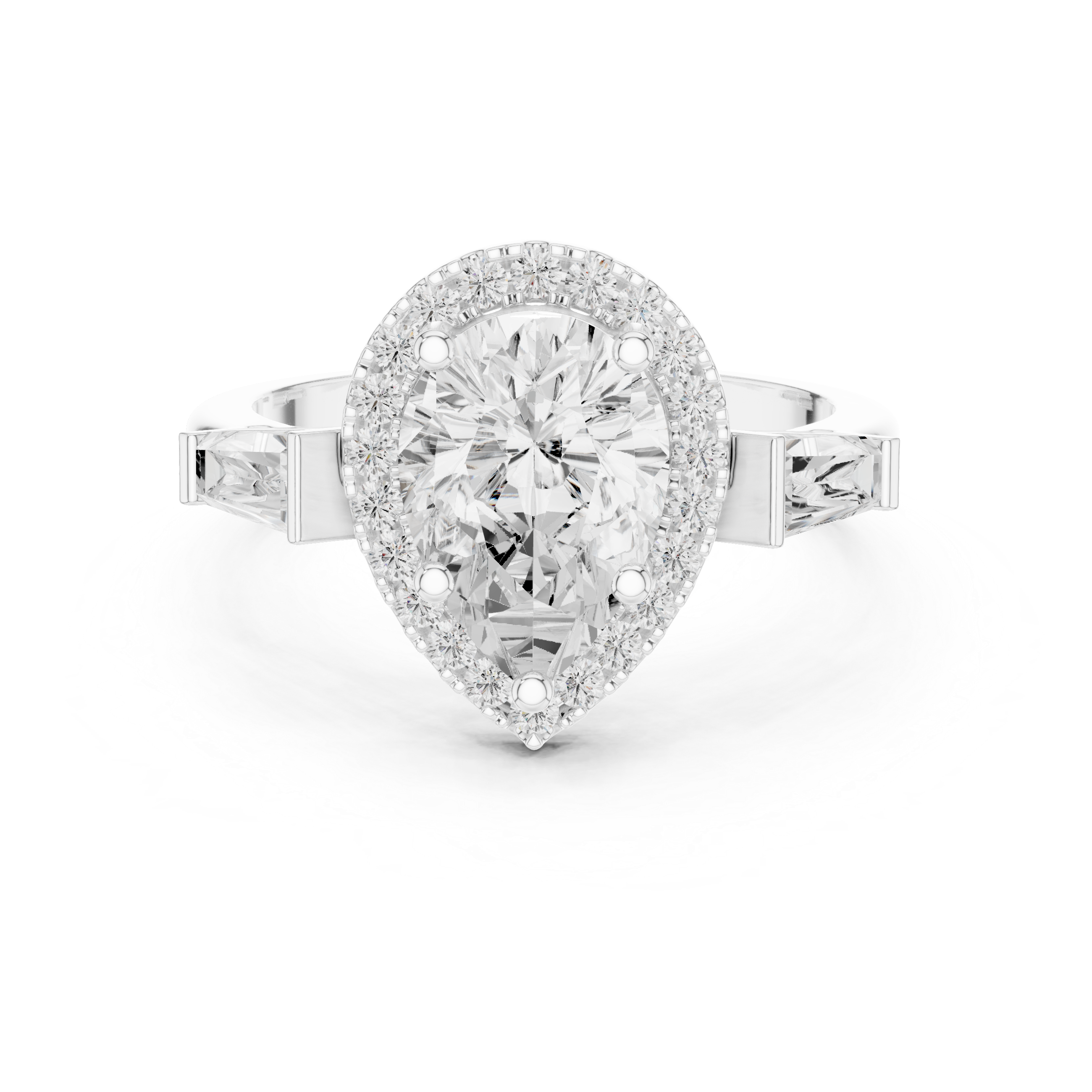 Pear Halo Three Stone Ring