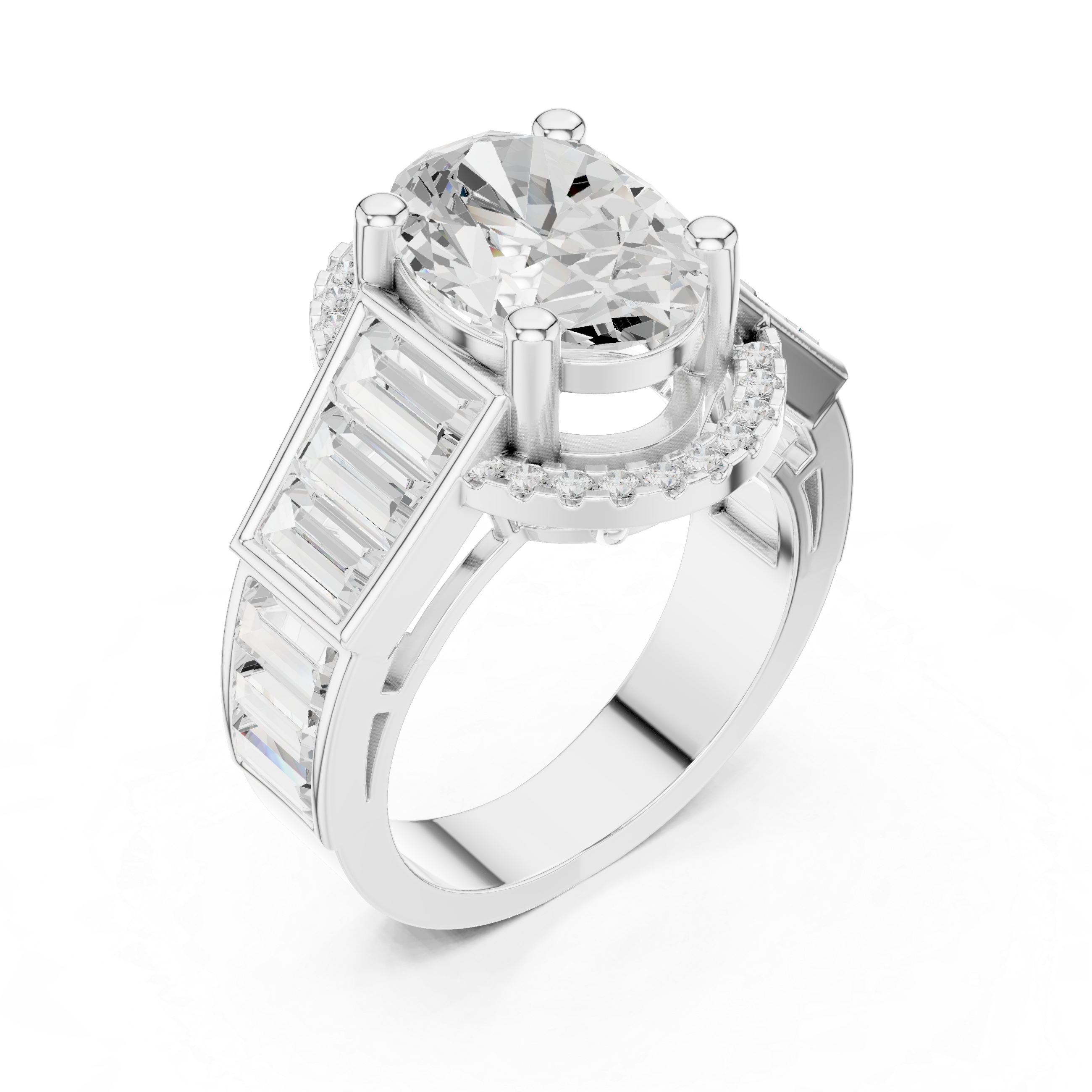 Oval Halo Baguette Engagement Ring