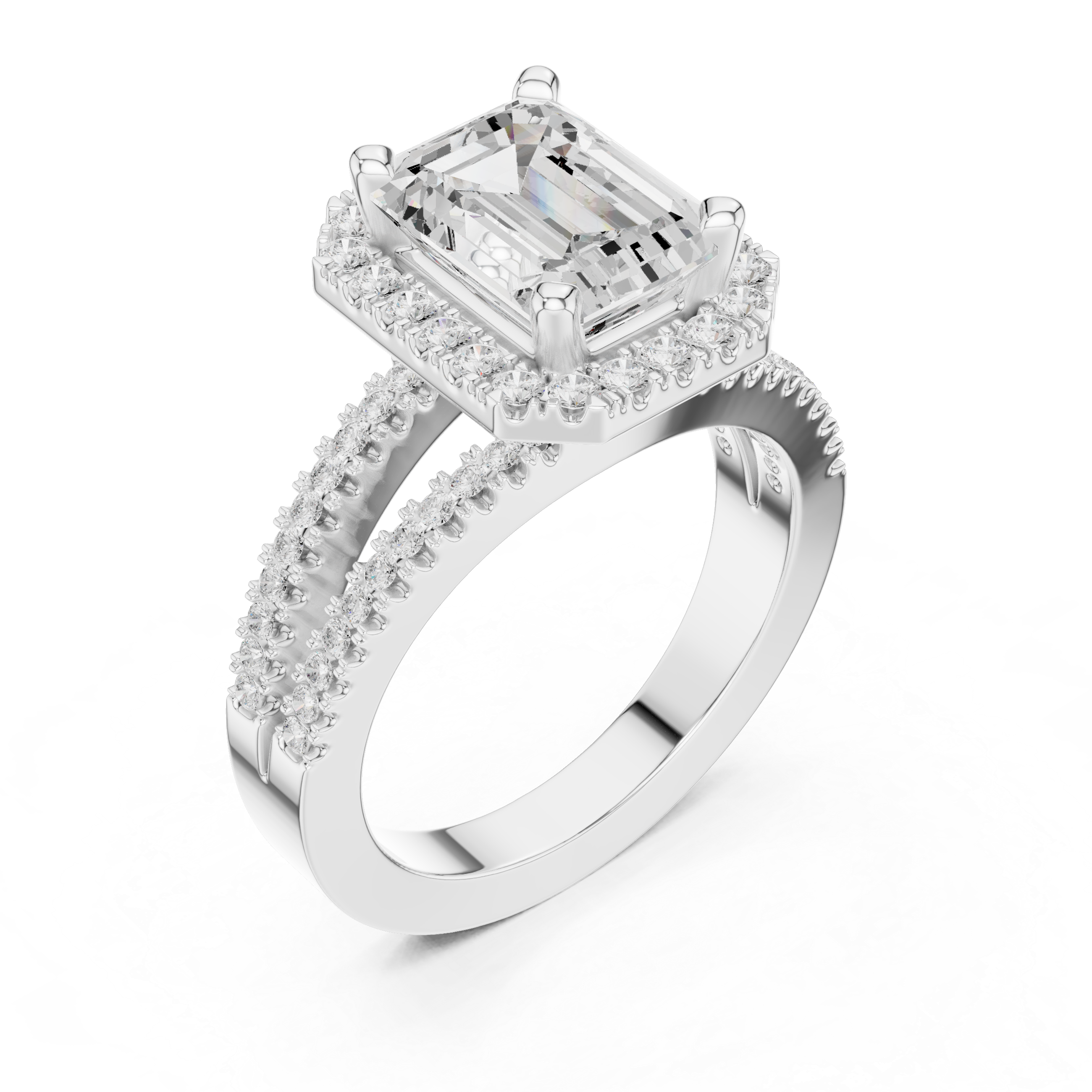 Emerald-Cut Split-Shank Halo Engagement Ring